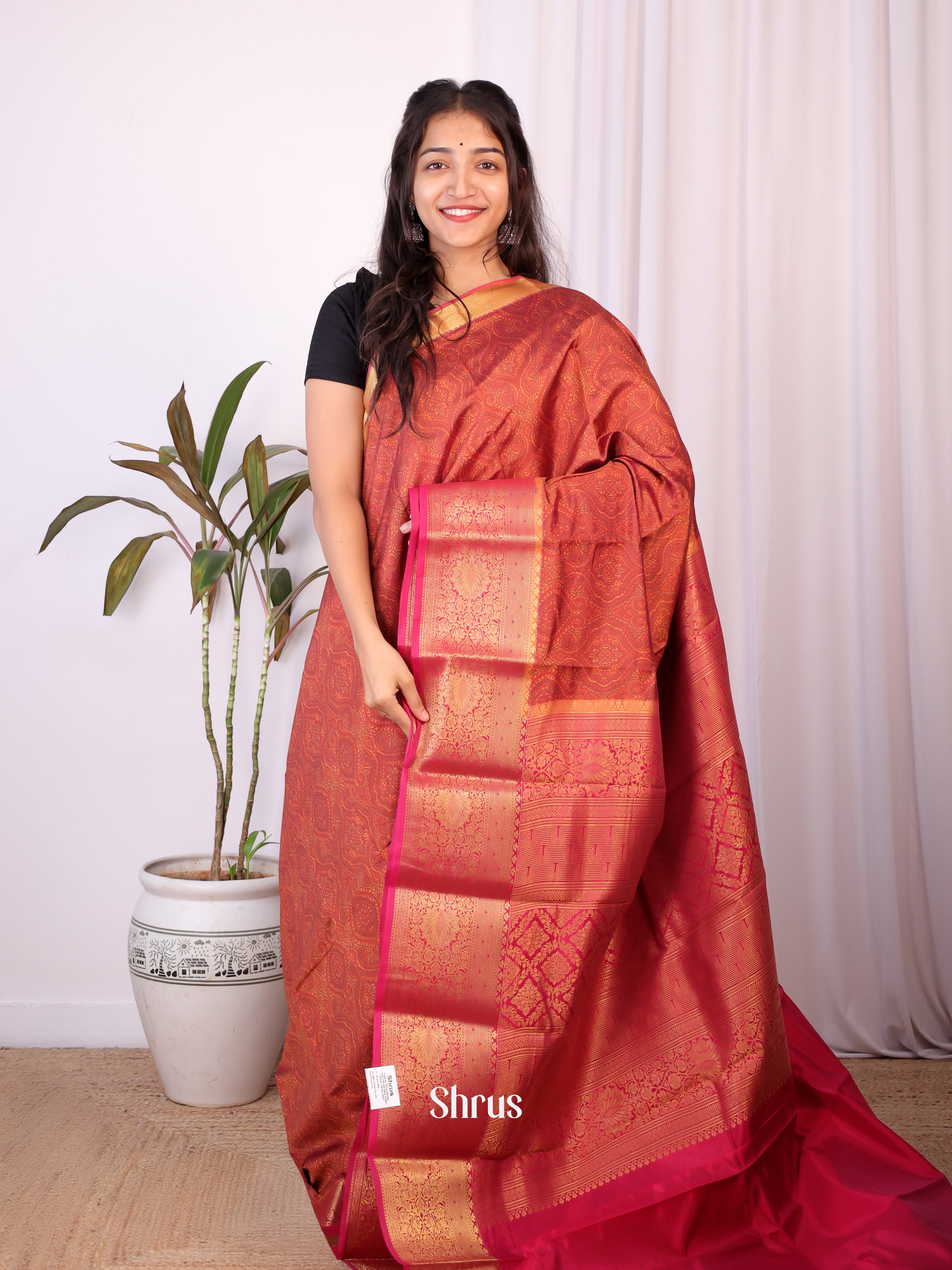 Brown & Maroon- Printed Silk Saree