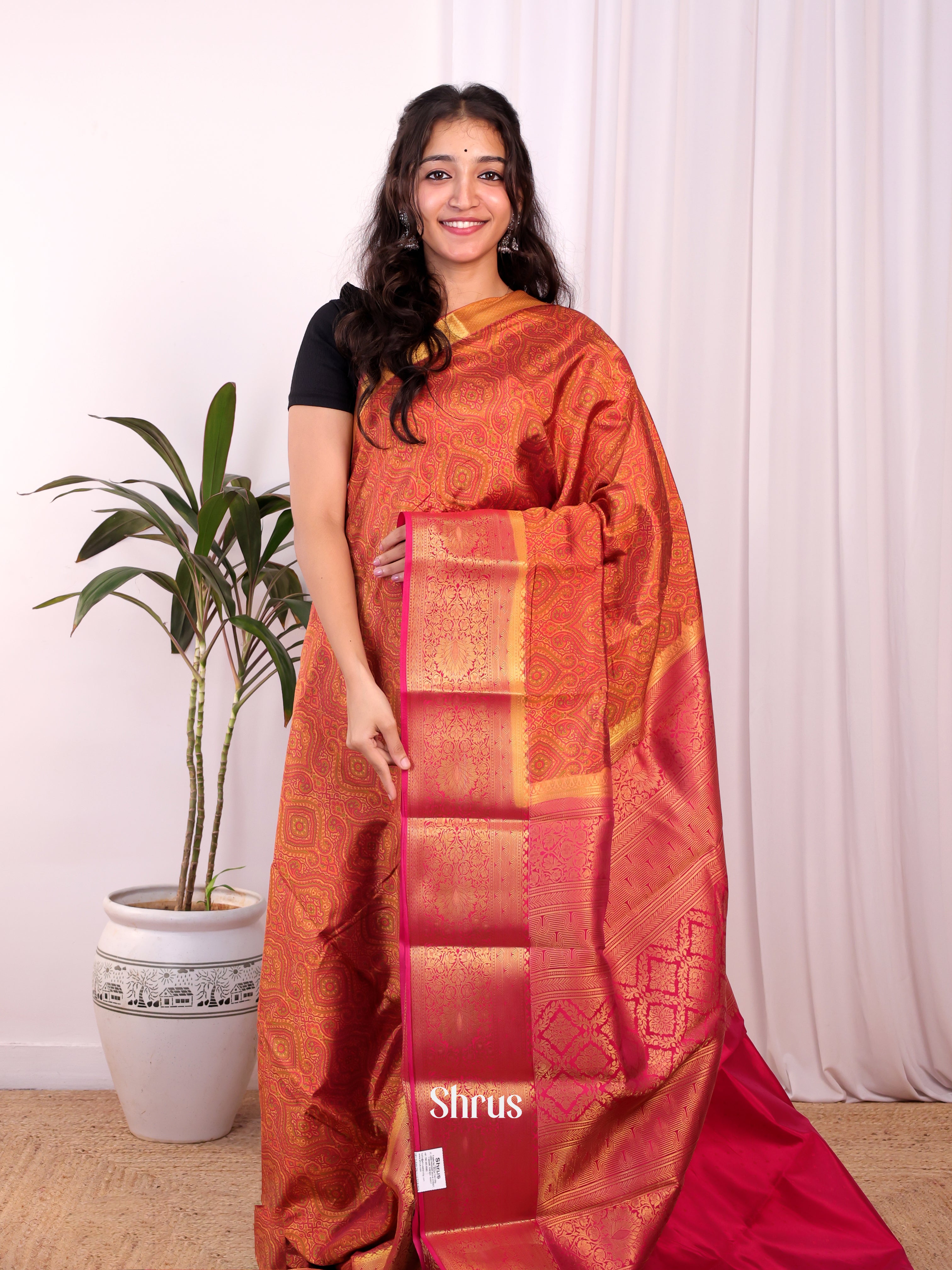 Brick & Maroon- Printed Silk Saree