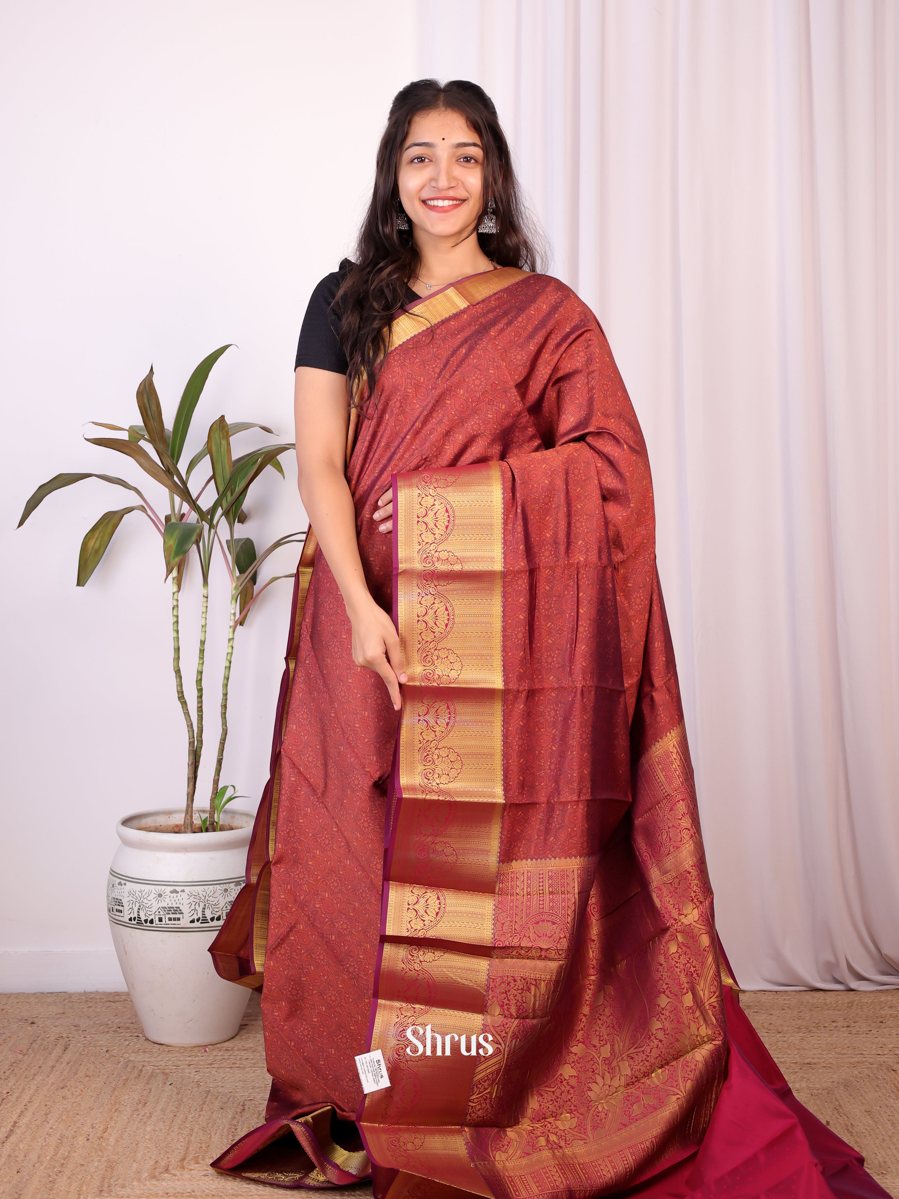 Brown & Purple  - Printed Silk Saree