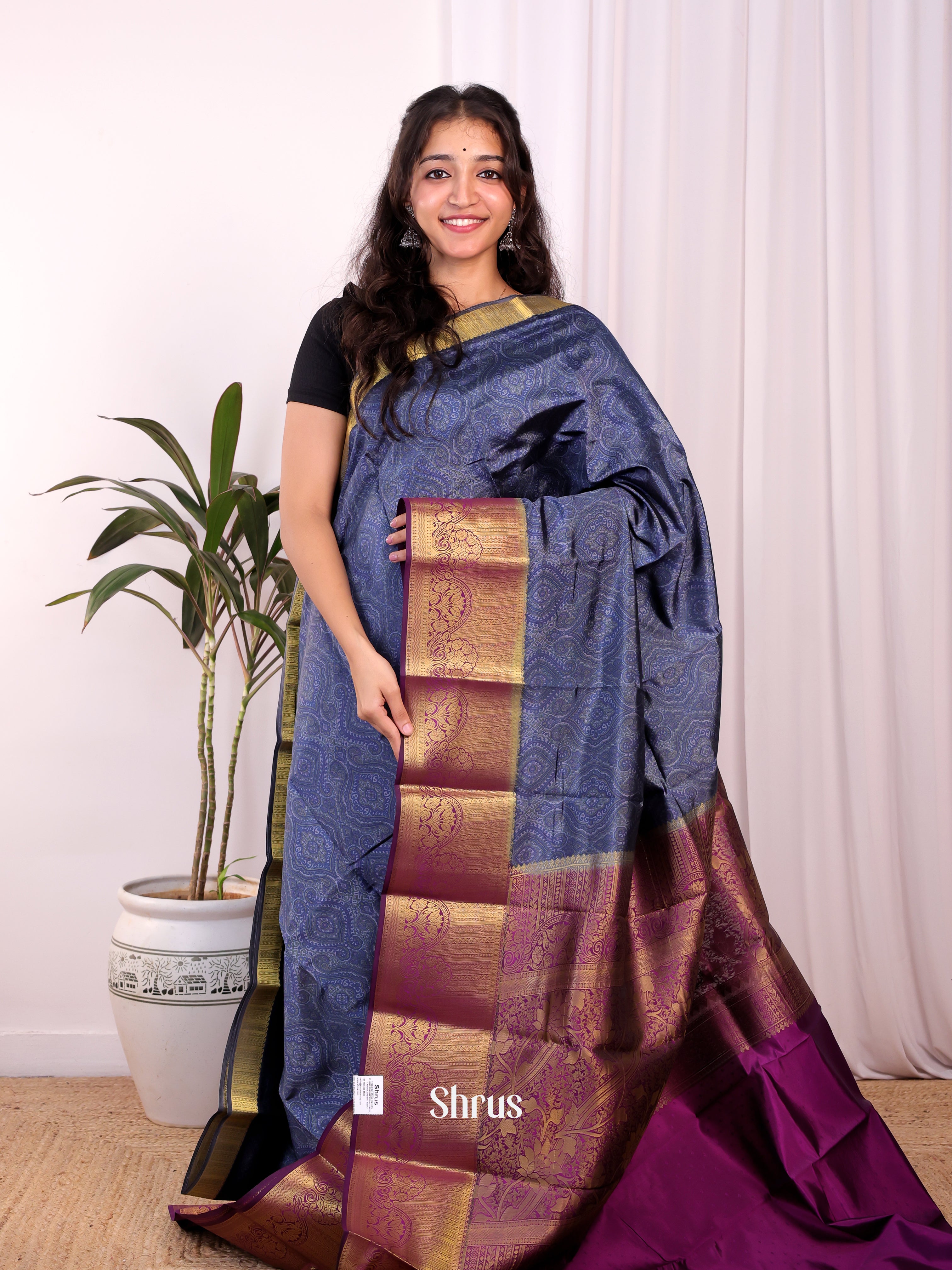 Blue & Violet - Printed Silk Saree