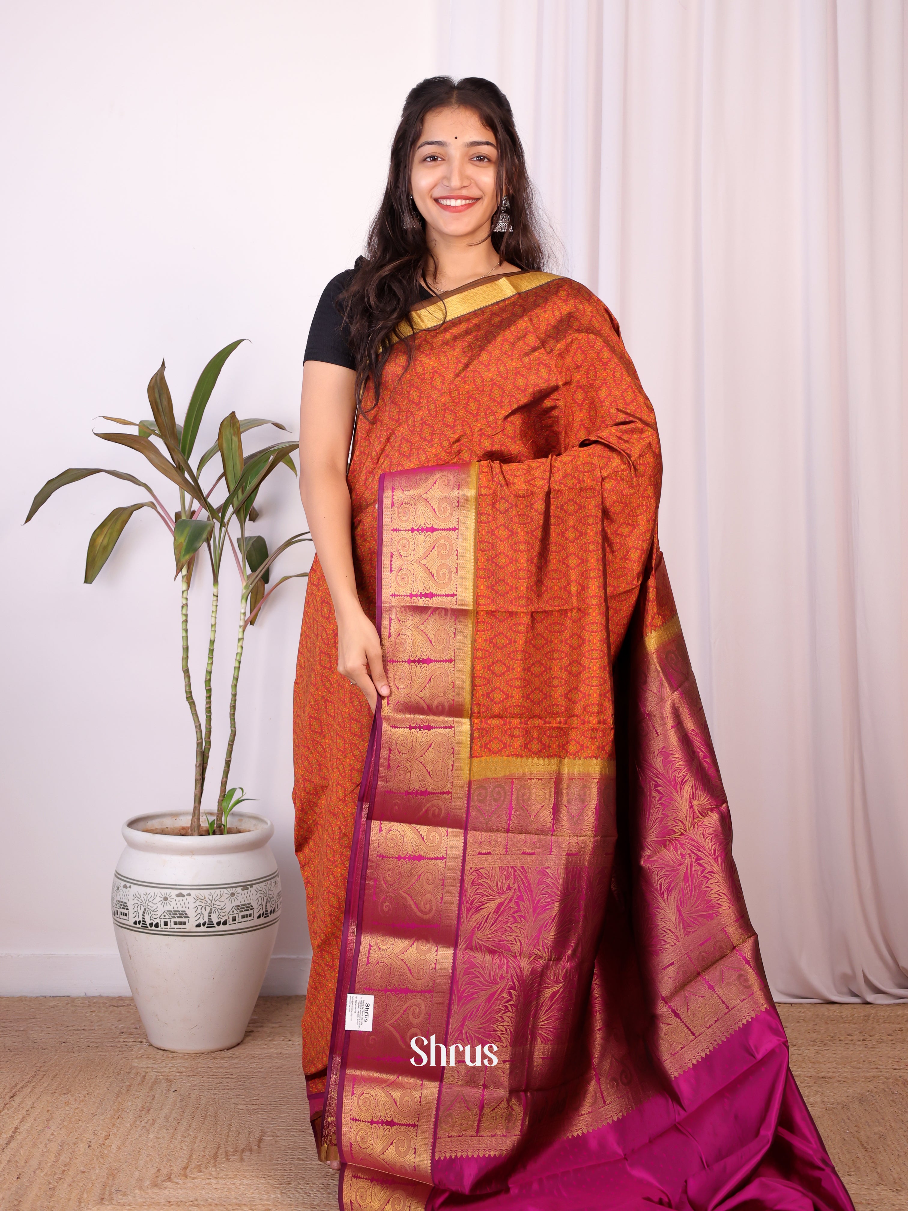 Brown & Majenta - Printed Silk Saree