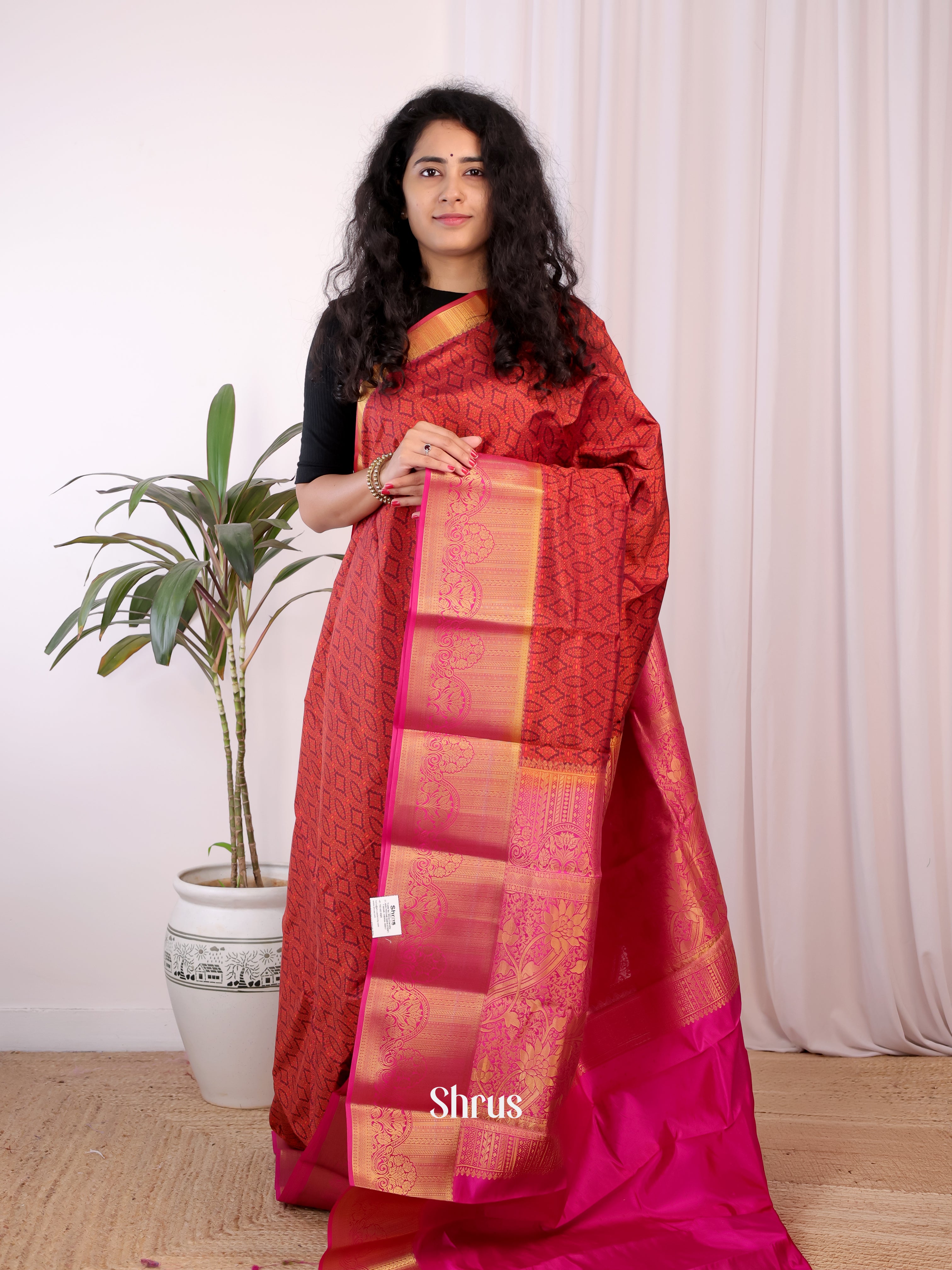 Brick & Pink - Printed Silk Saree