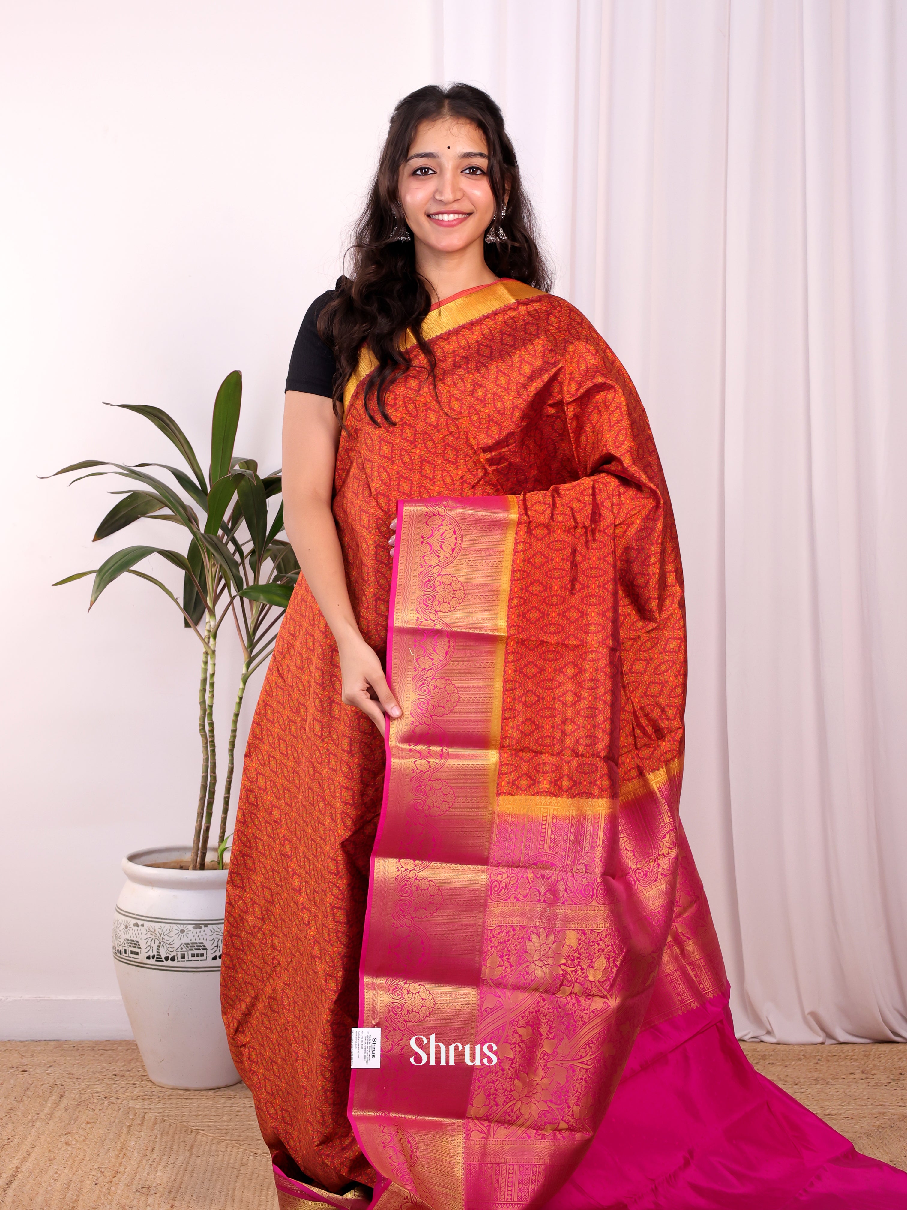 Brick Orange & Pink - Printed Silk Saree