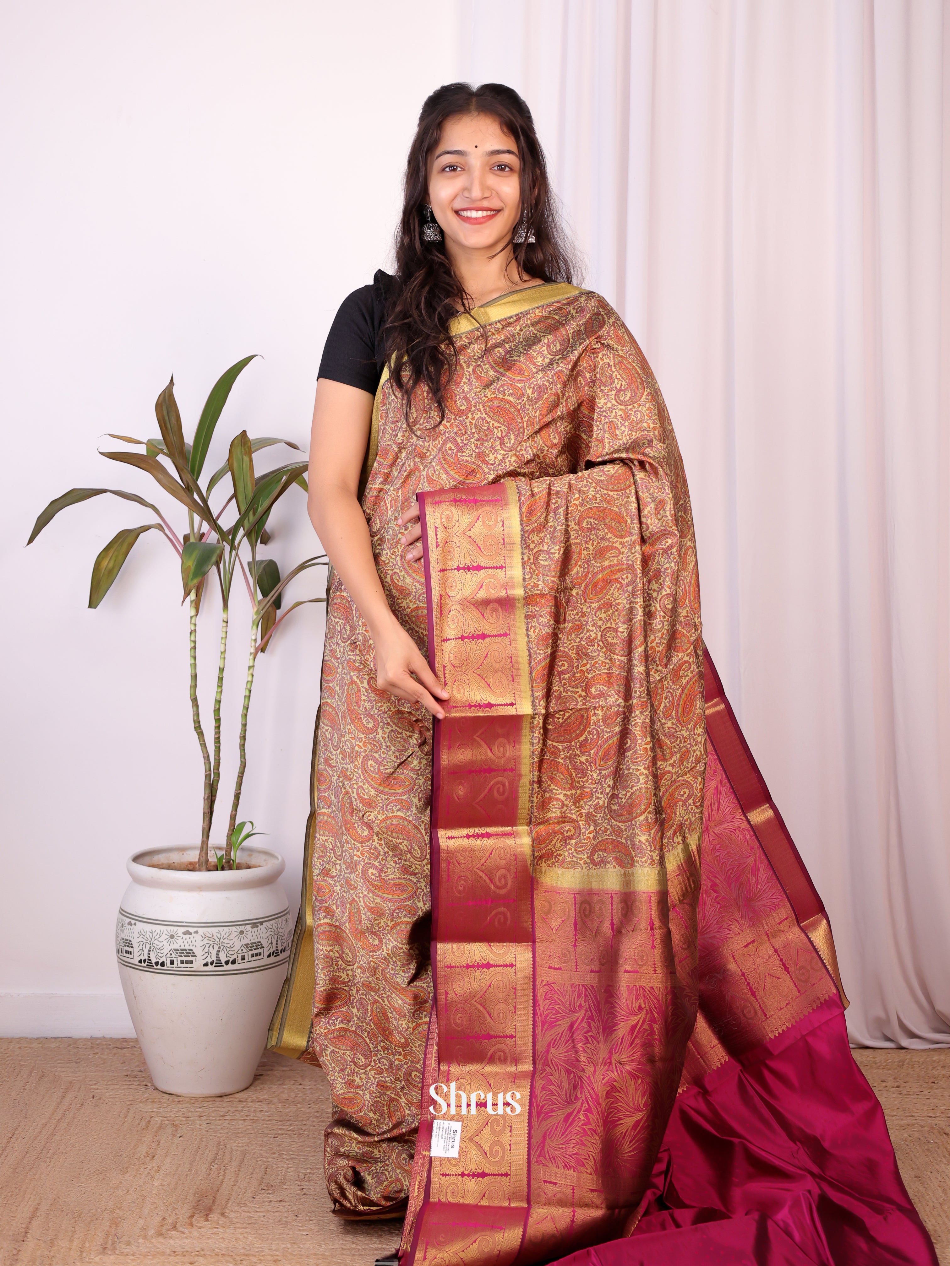 Brown & Majenta - Printed Silk Saree