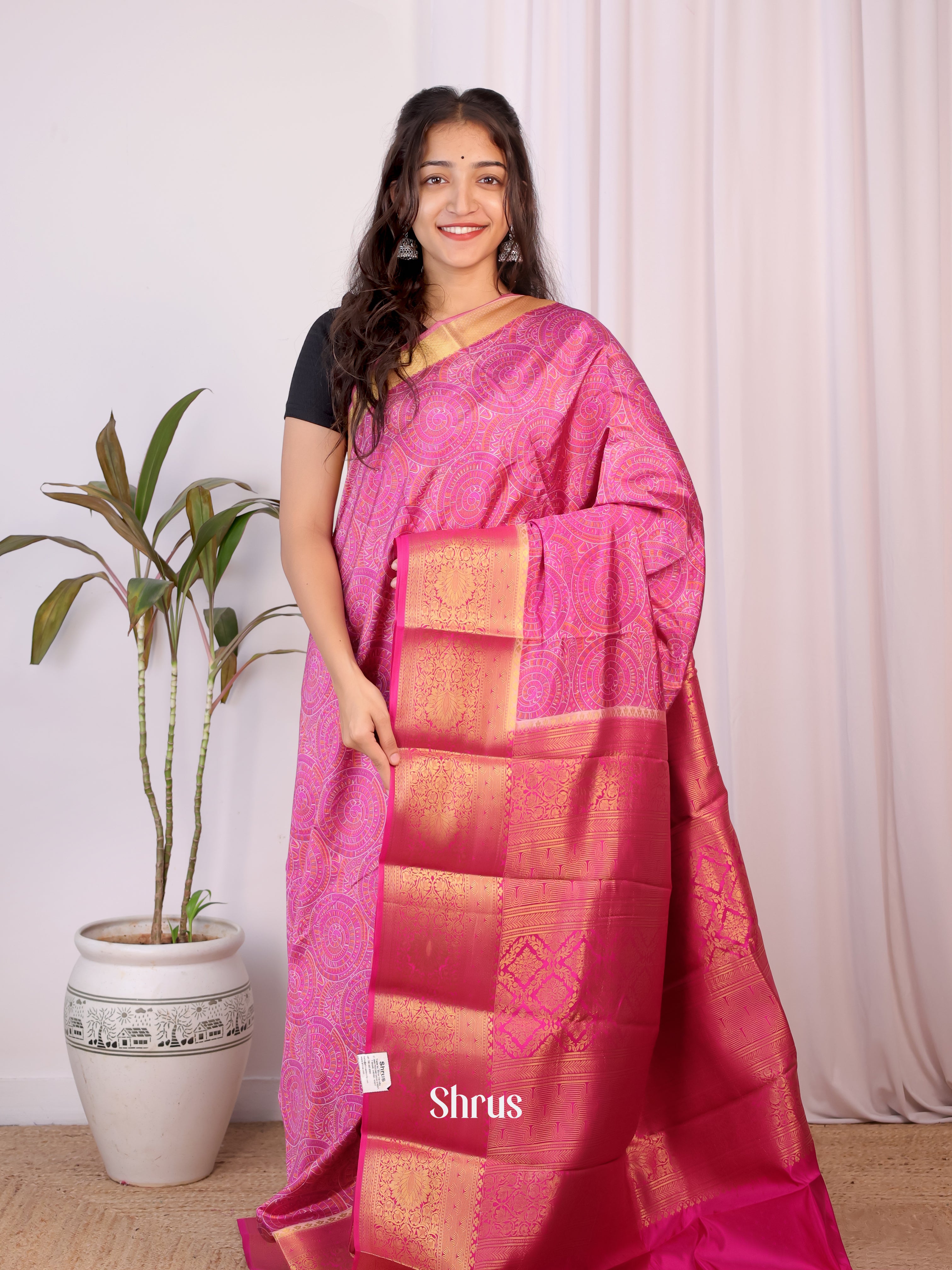 Pink - Printed Silk Saree