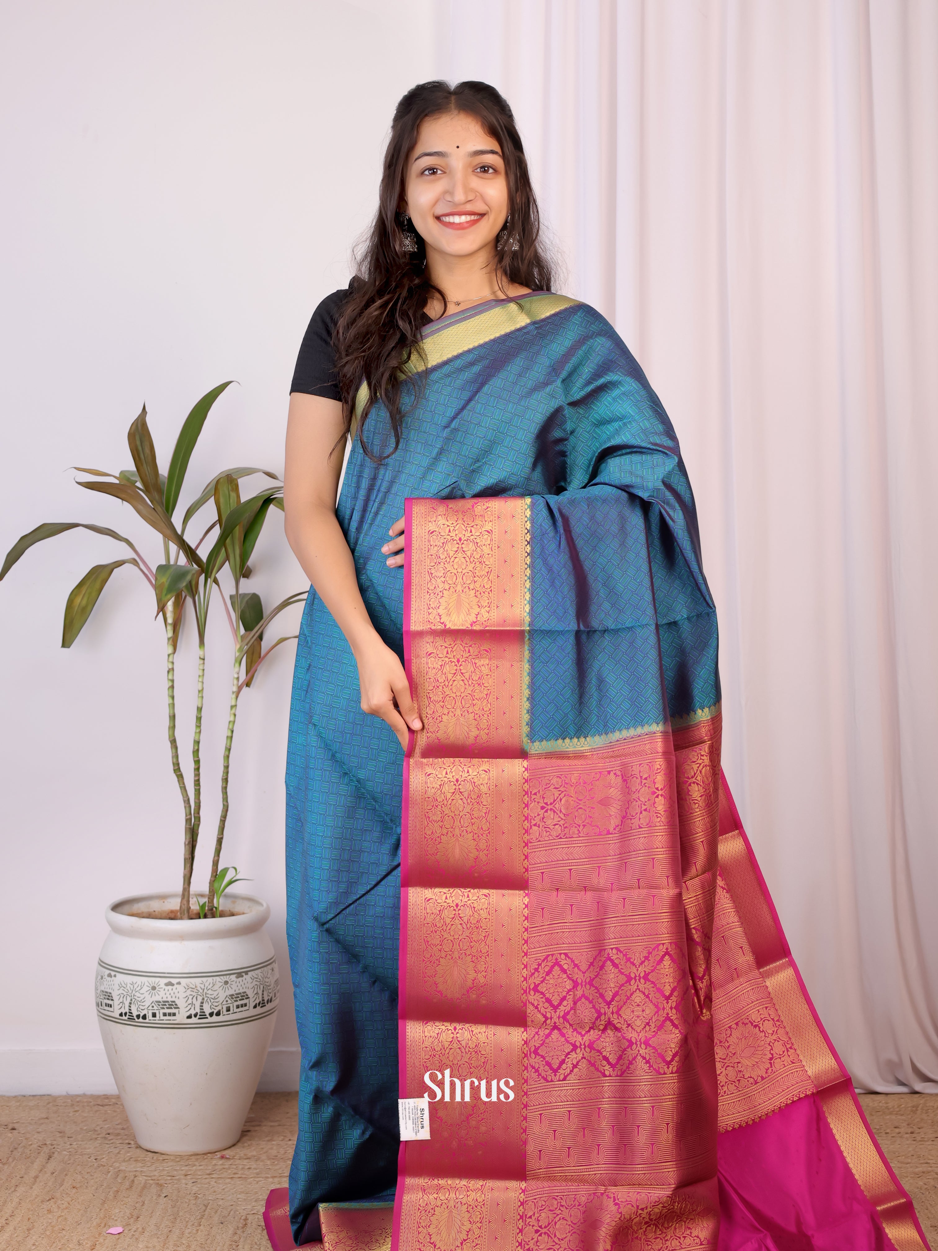 Blue & Majenta - Printed Silk Saree