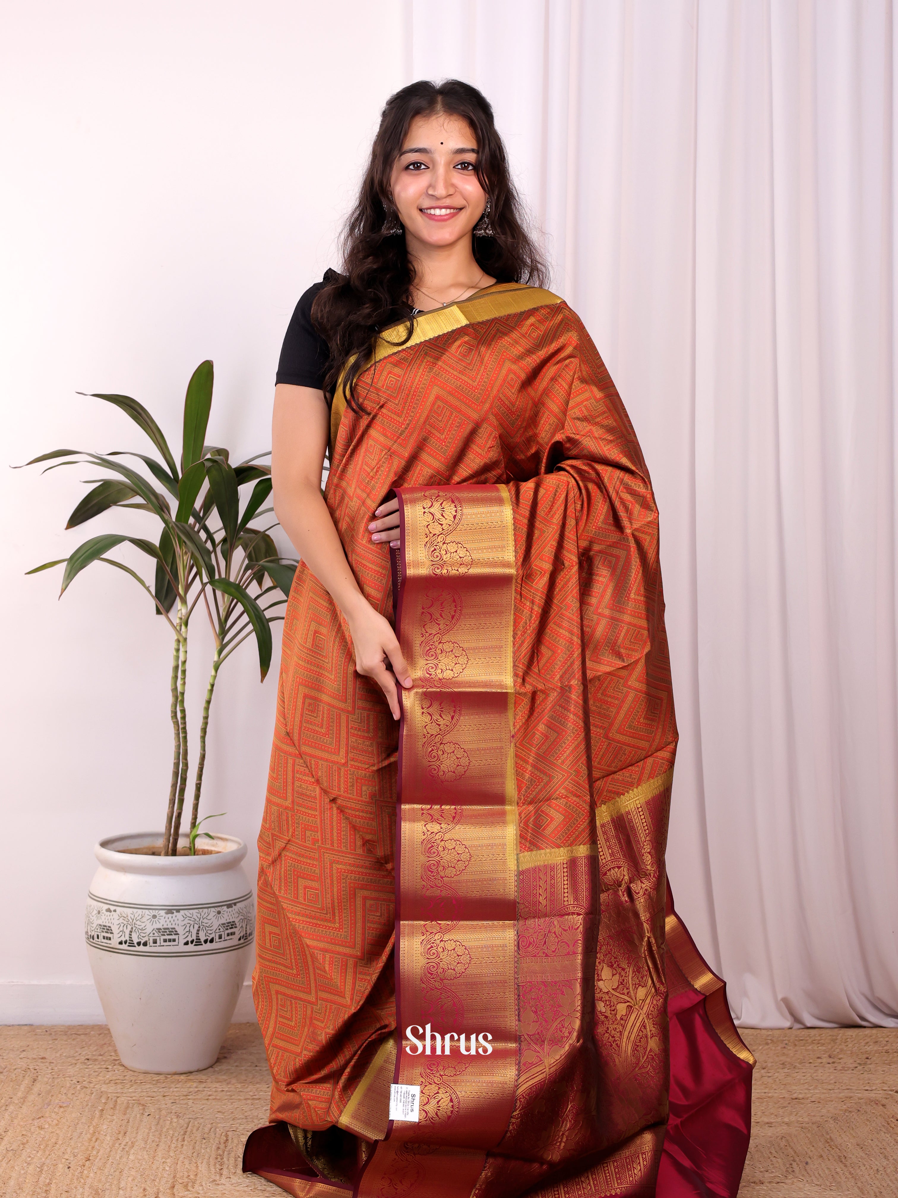 Brick  & Maroon - Printed Silk Saree