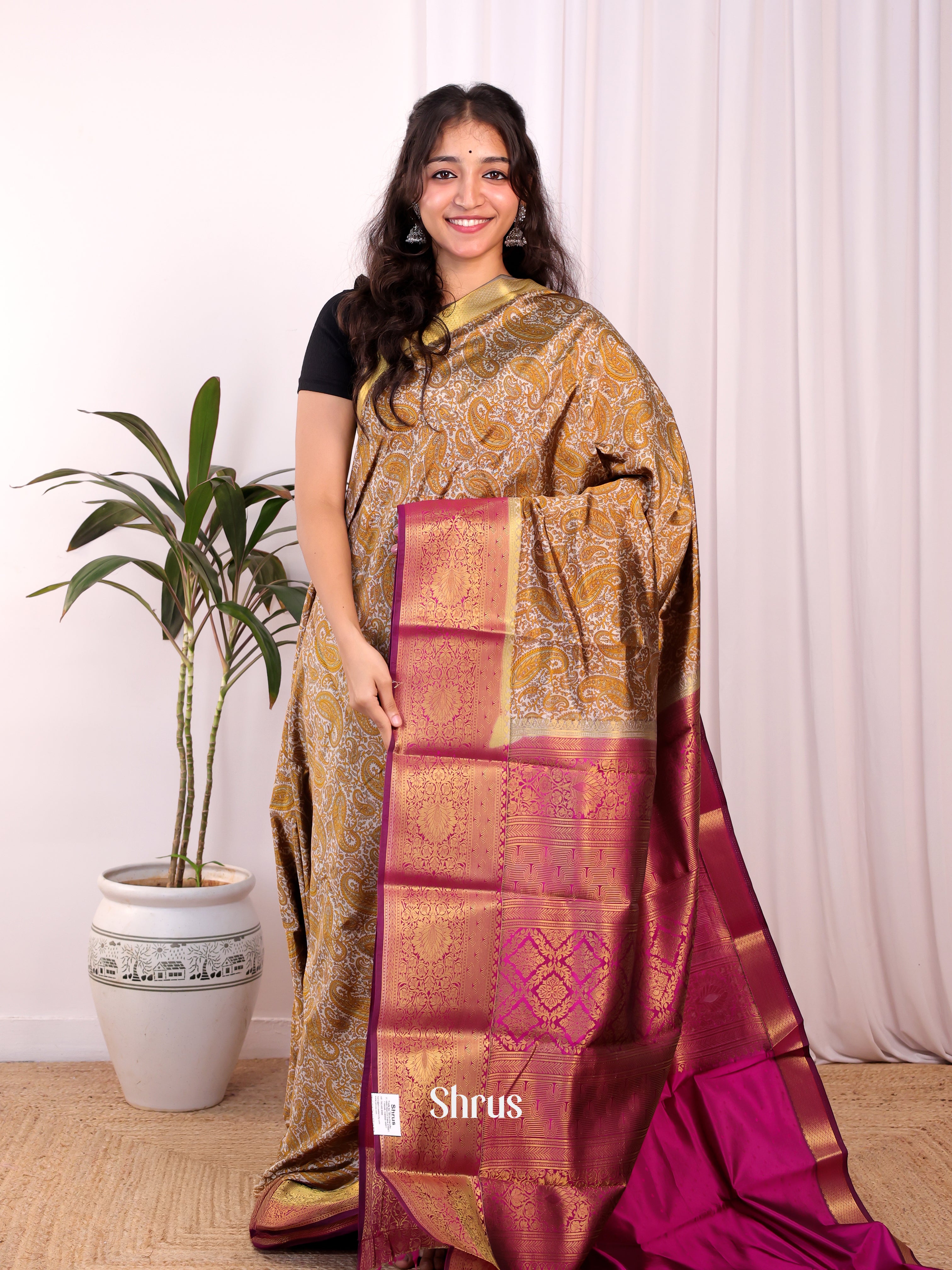 Grey , gold & Purple - Printed Silk Saree