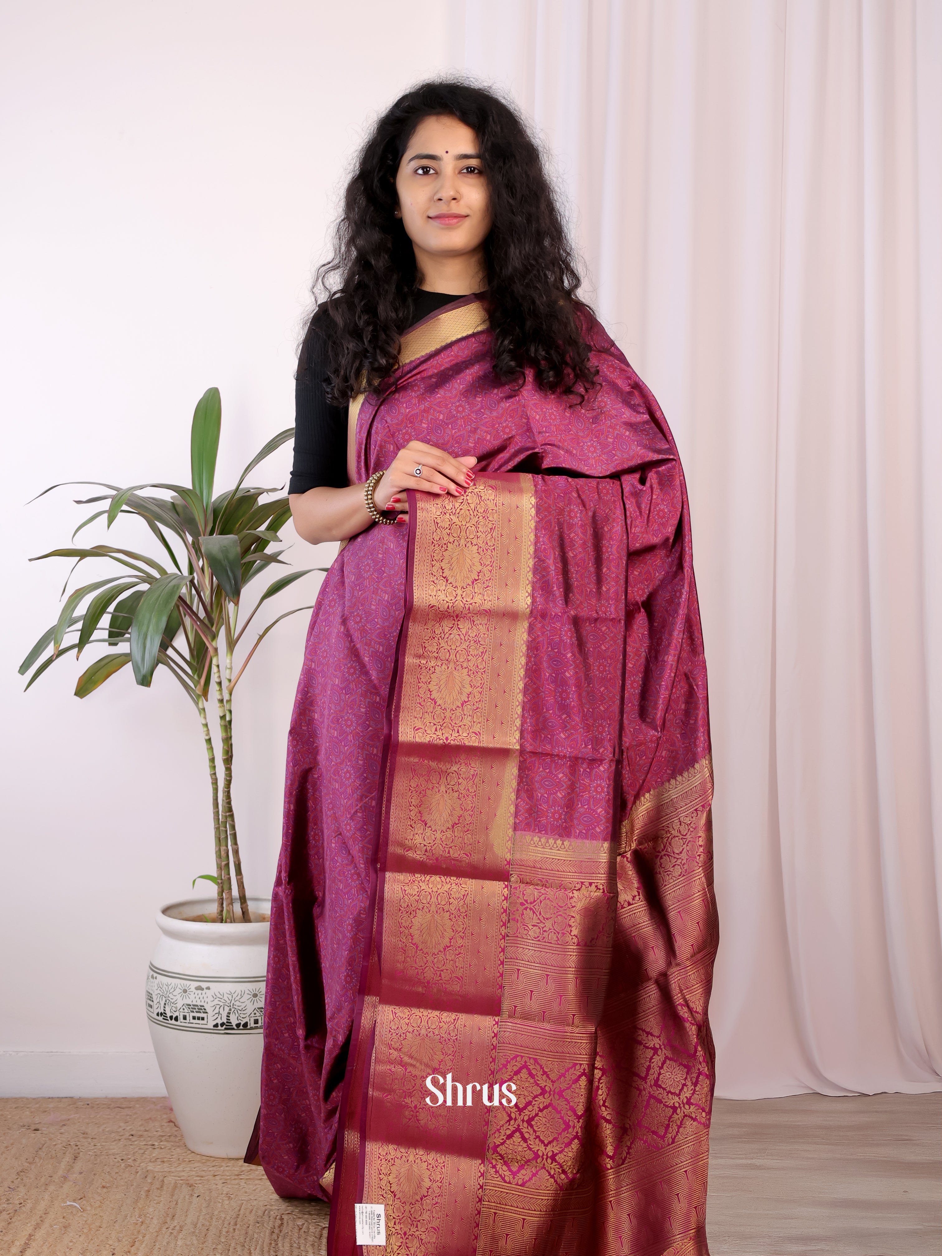 Purple  - Printed Silk Saree