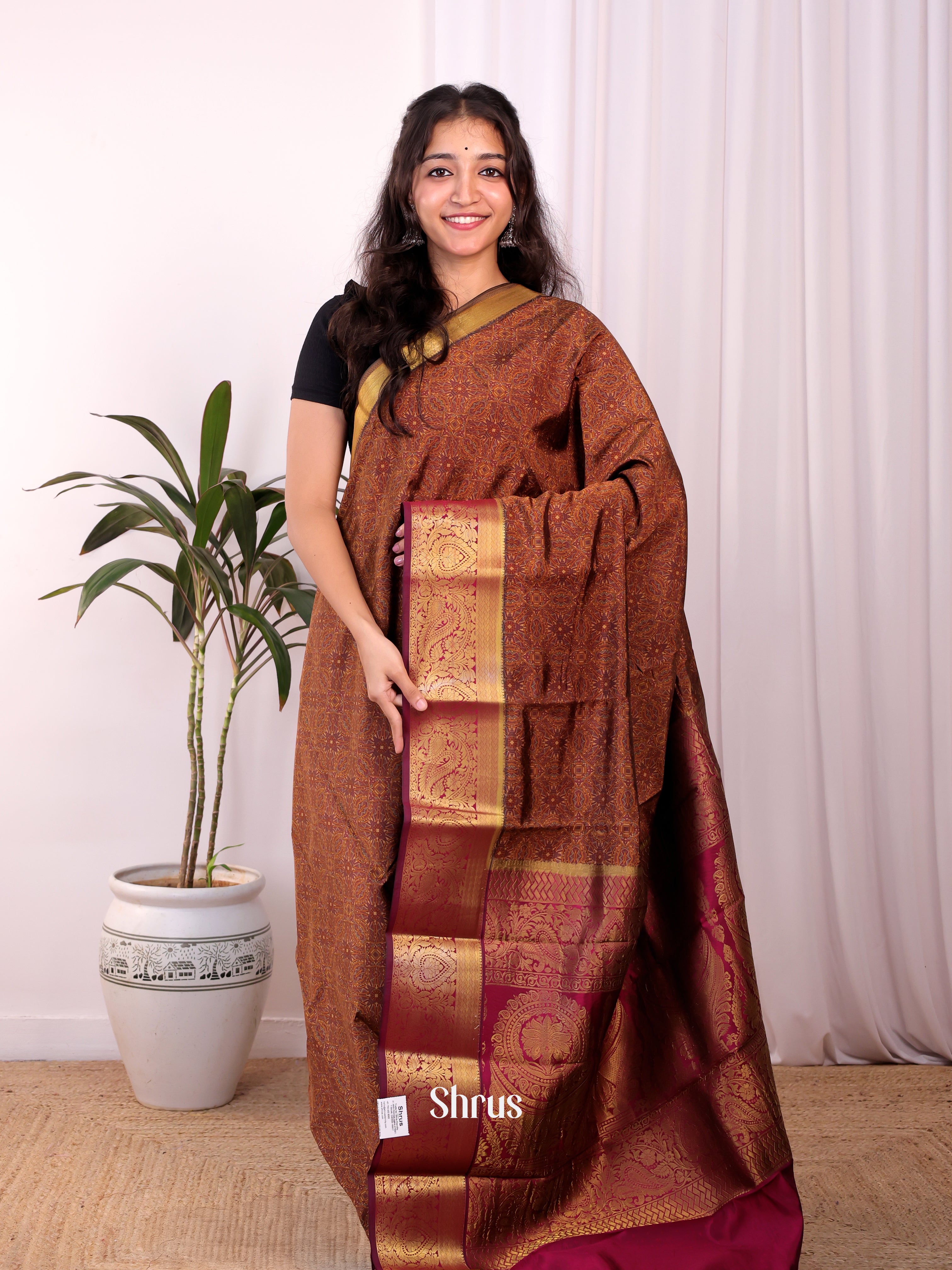 Brown & Maroon - Printed Silk Saree