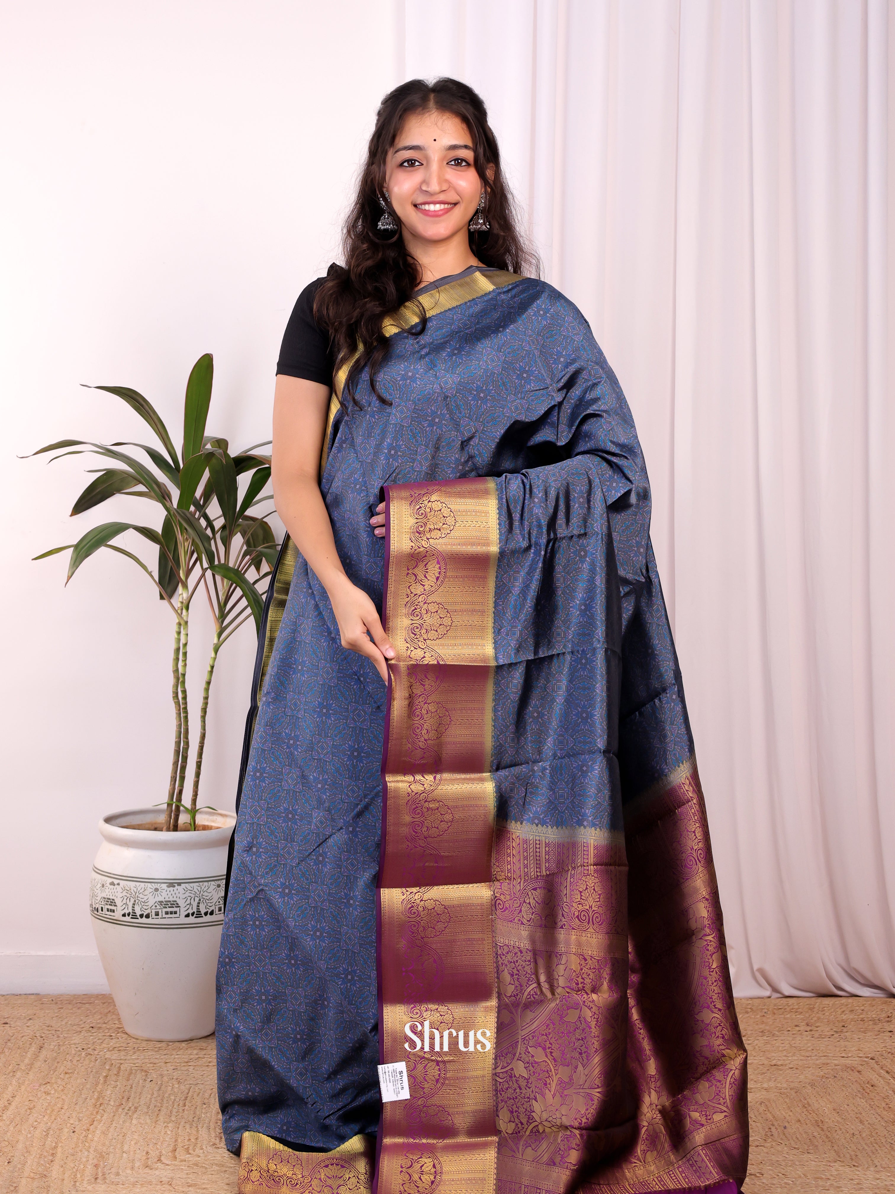 Blue & Violet - Printed Silk Saree