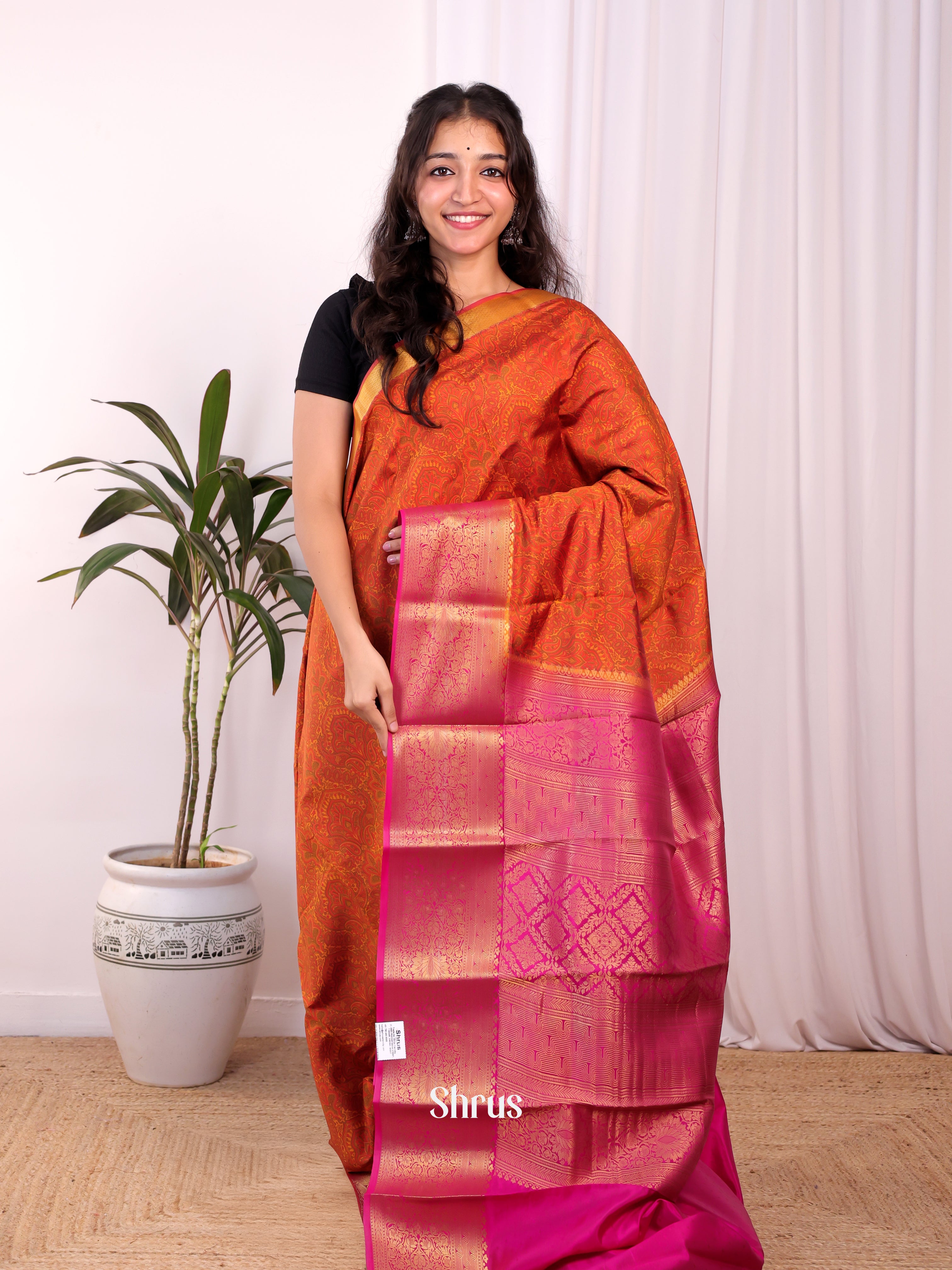 Orange & Pink - Printed Silk Saree