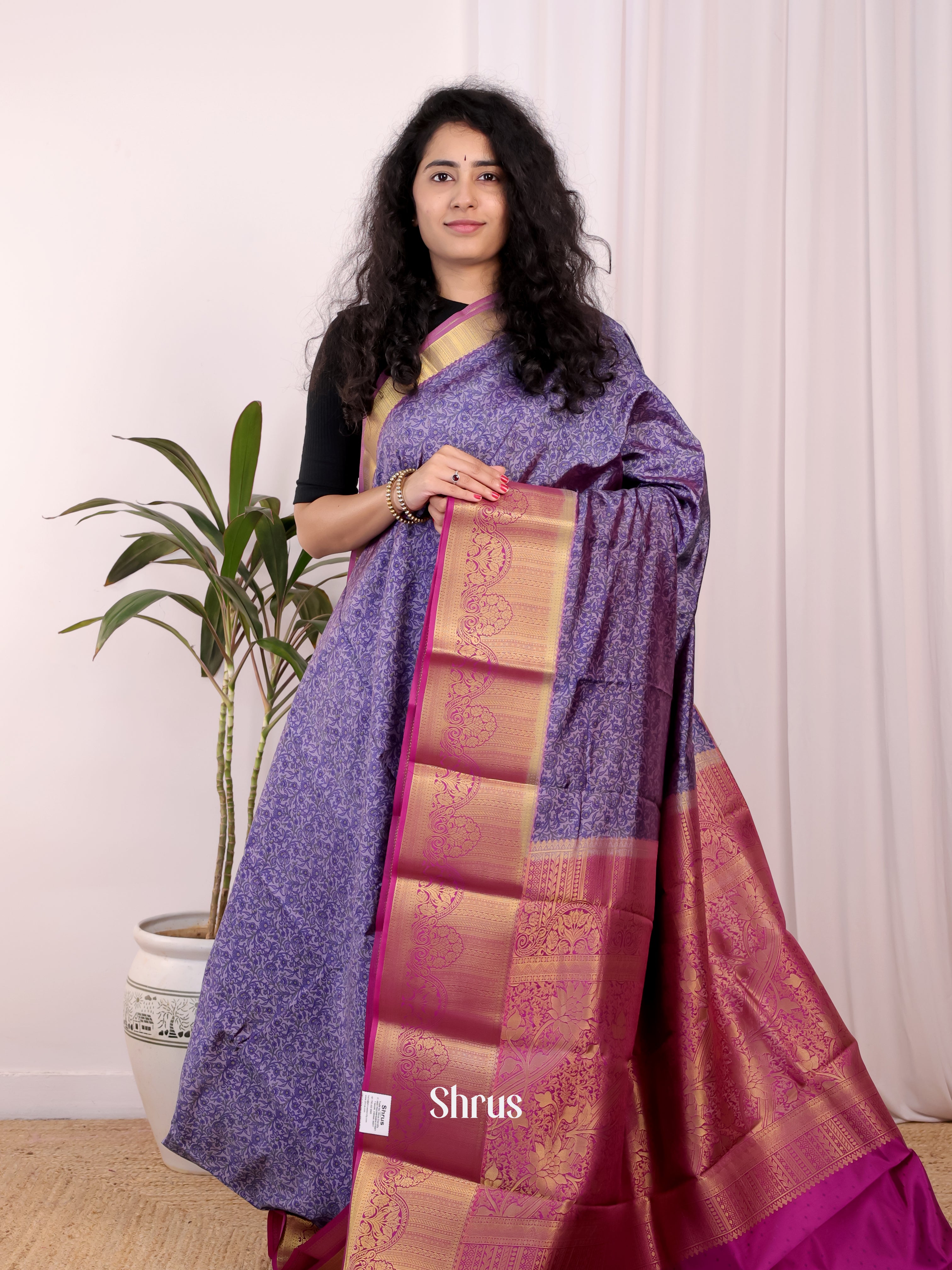 Purple & Majenta - Printed Silk  Saree