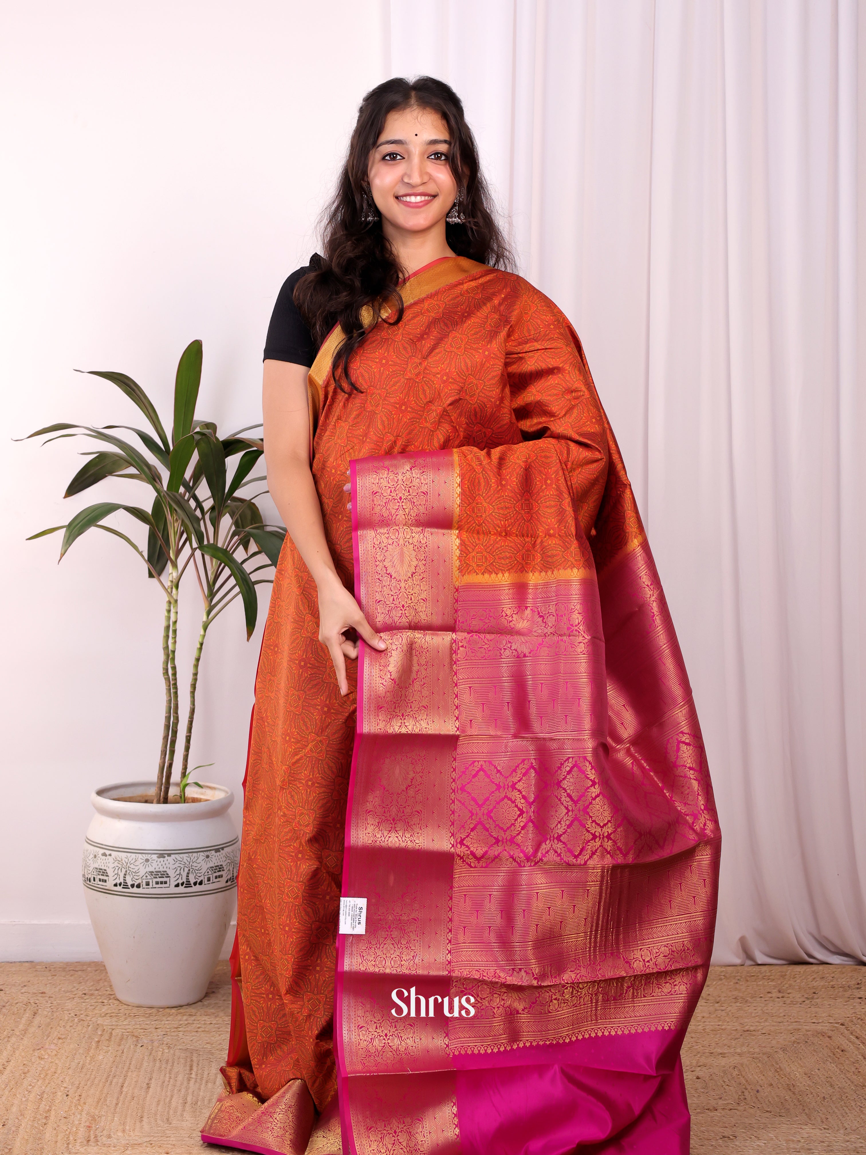 Orange &  Majenta - Printed Silk Saree