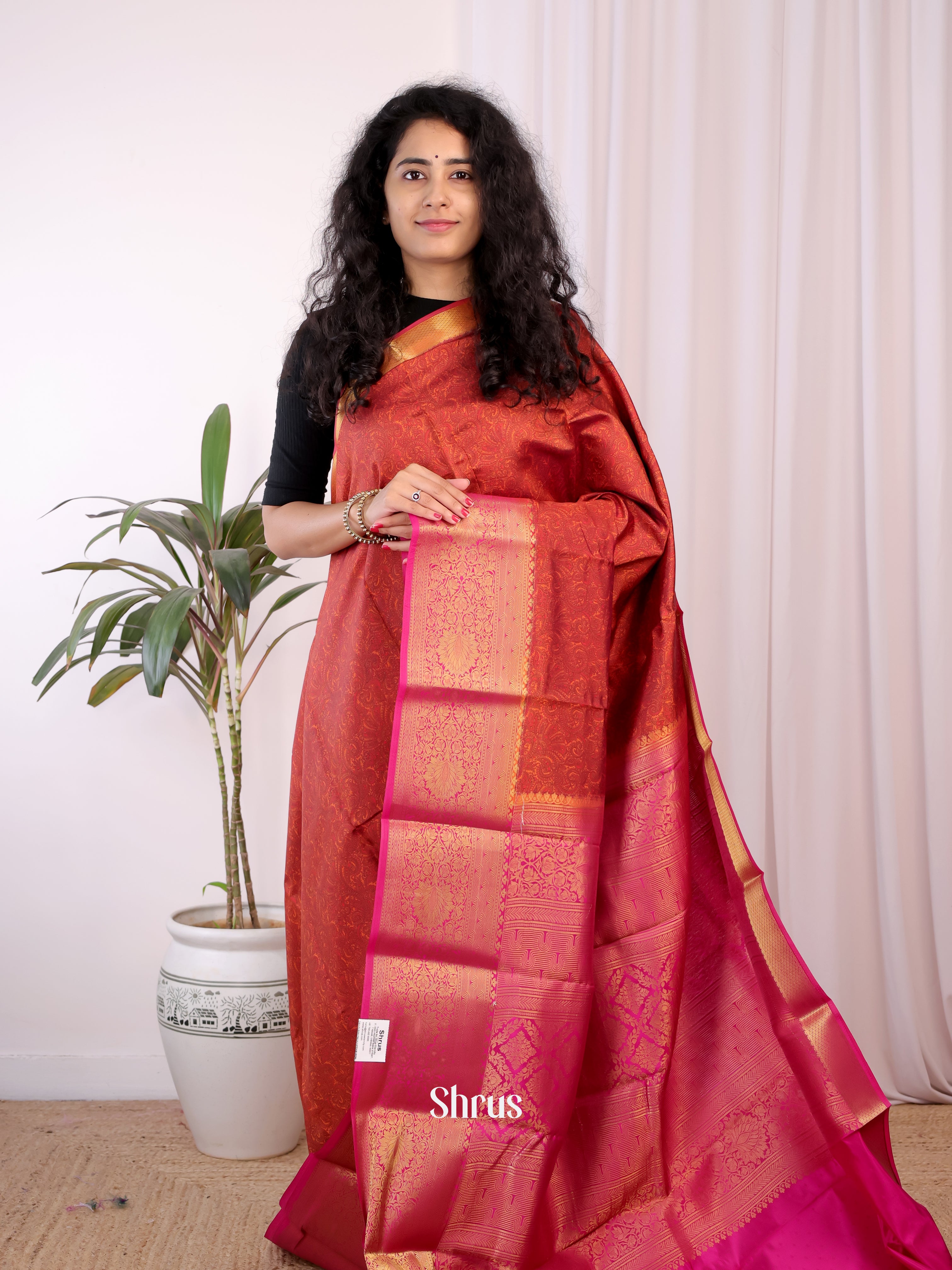 Brick & Pink - Printed Silk Saree