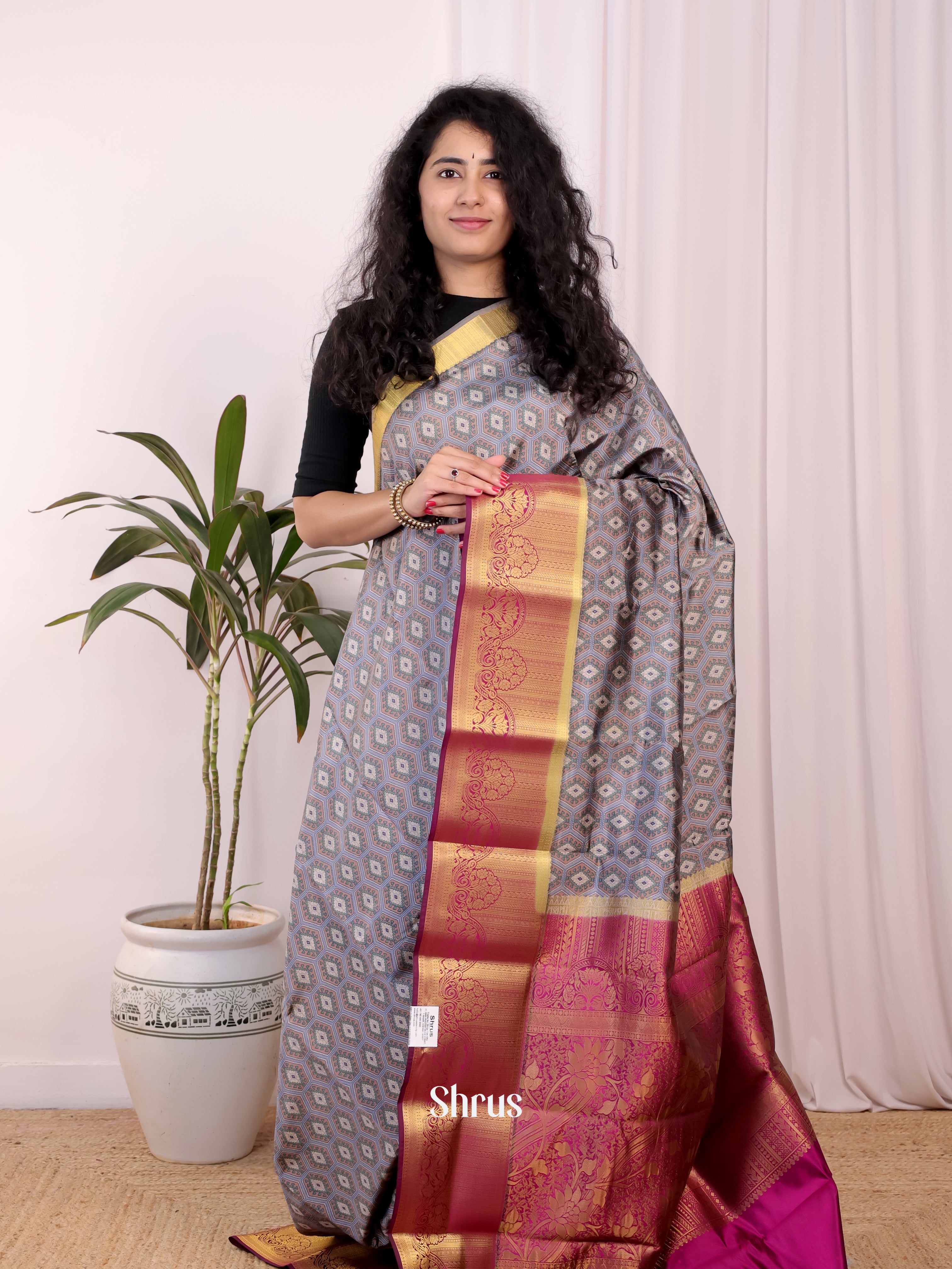 Grey & Majenta - Printed Silk Saree