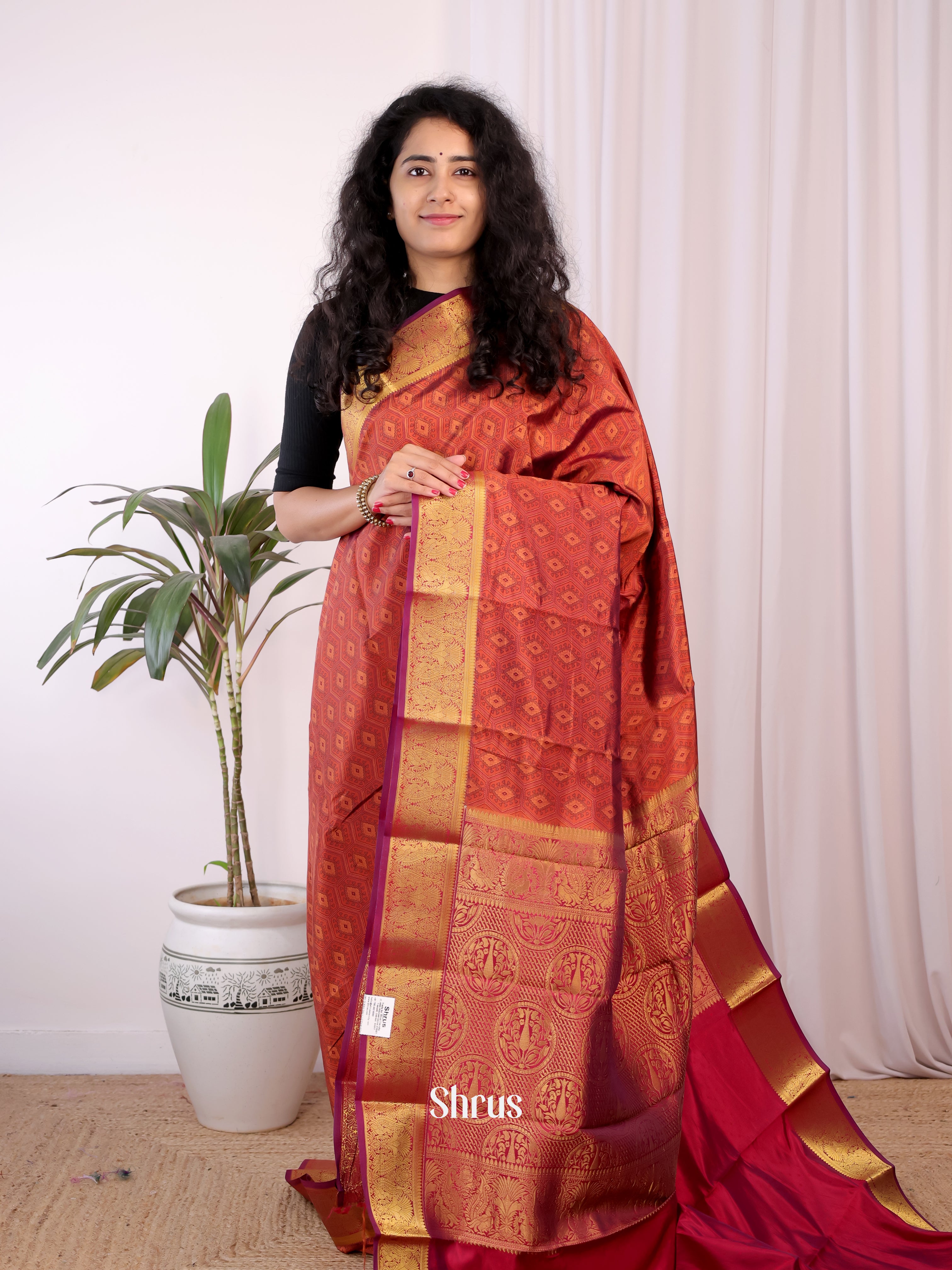 Brown & Maroon - Printed Silk Saree