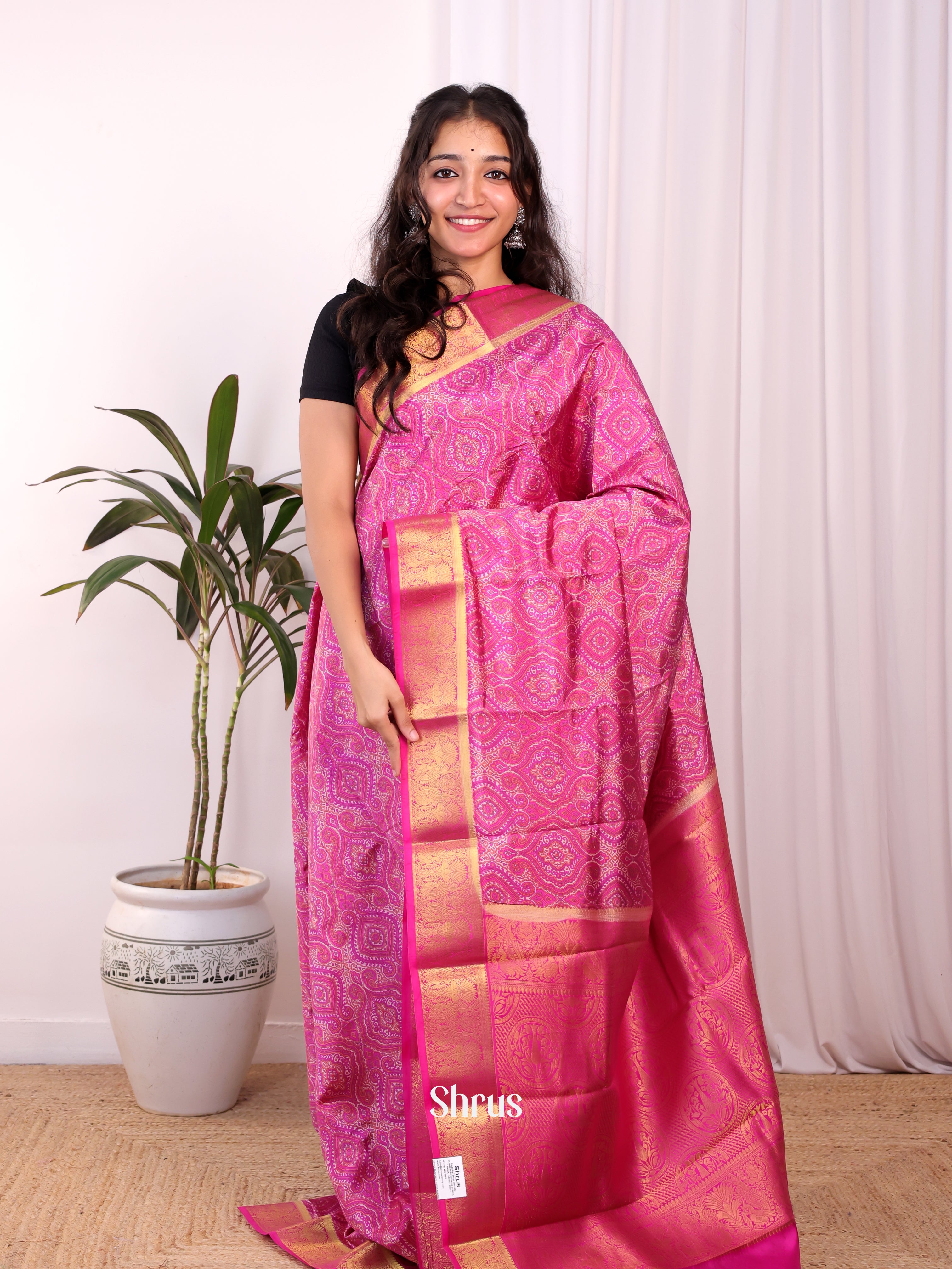 Pink - Printed Silk Saree