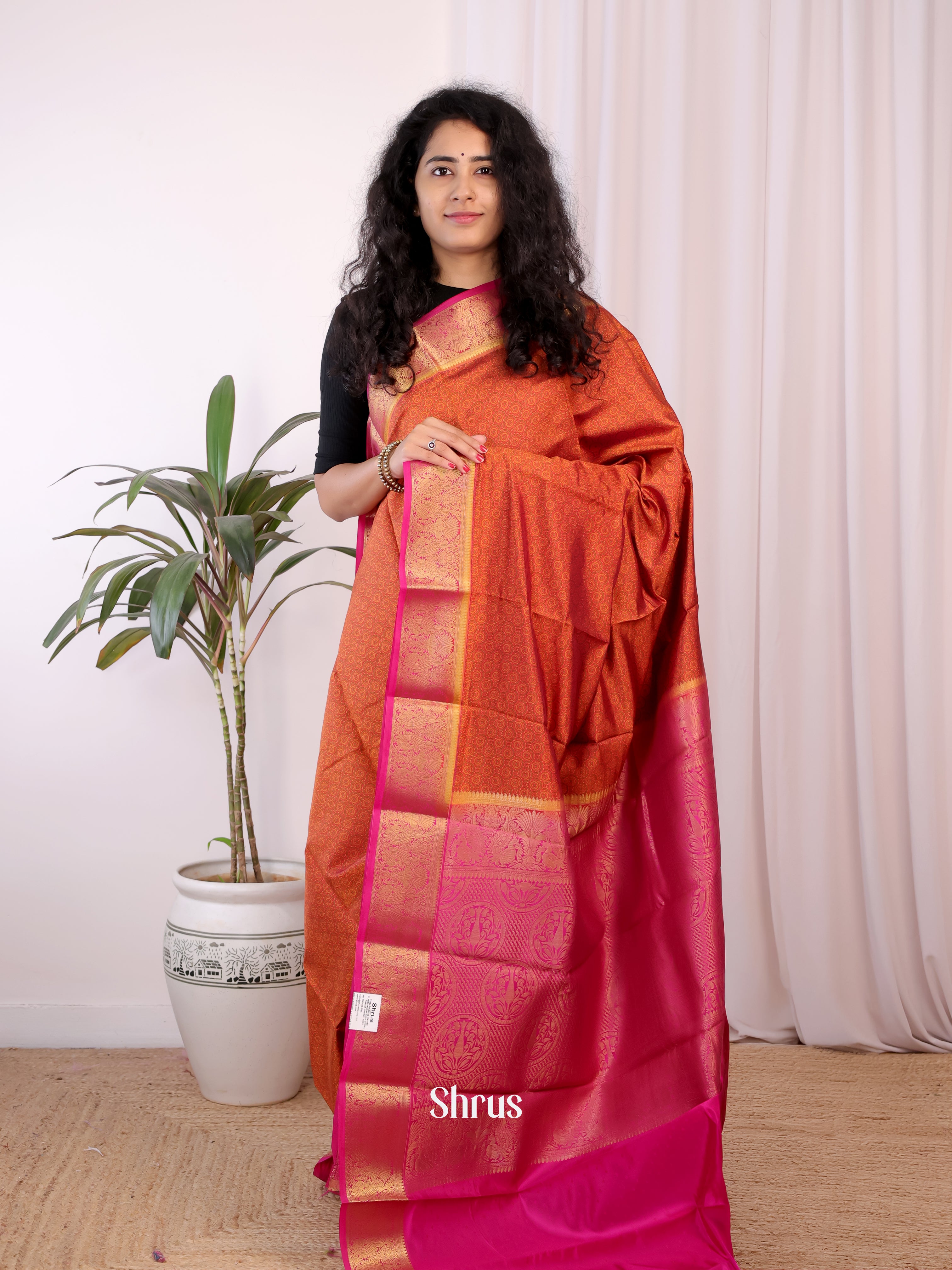 Brick & Pink - Printed Silk Saree