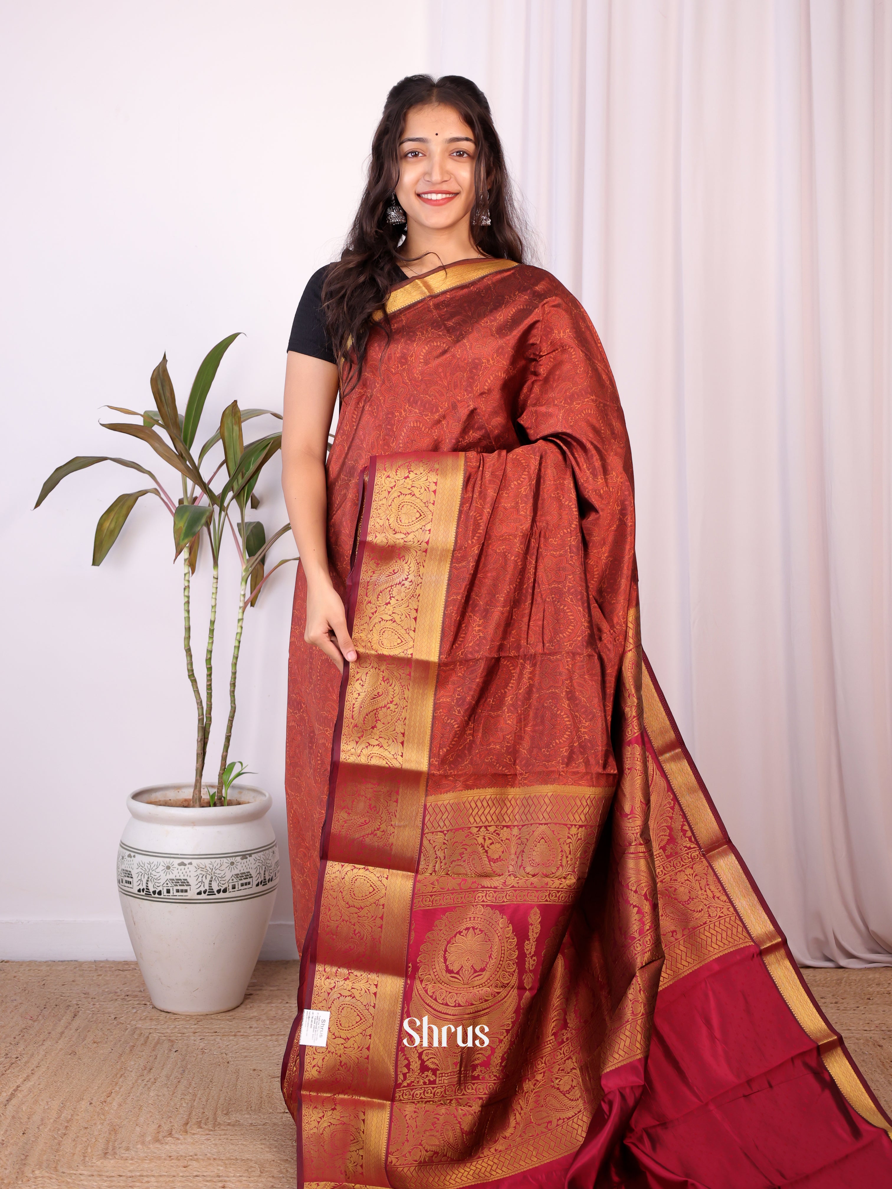 Brown & Maroon - Printed Silk Saree