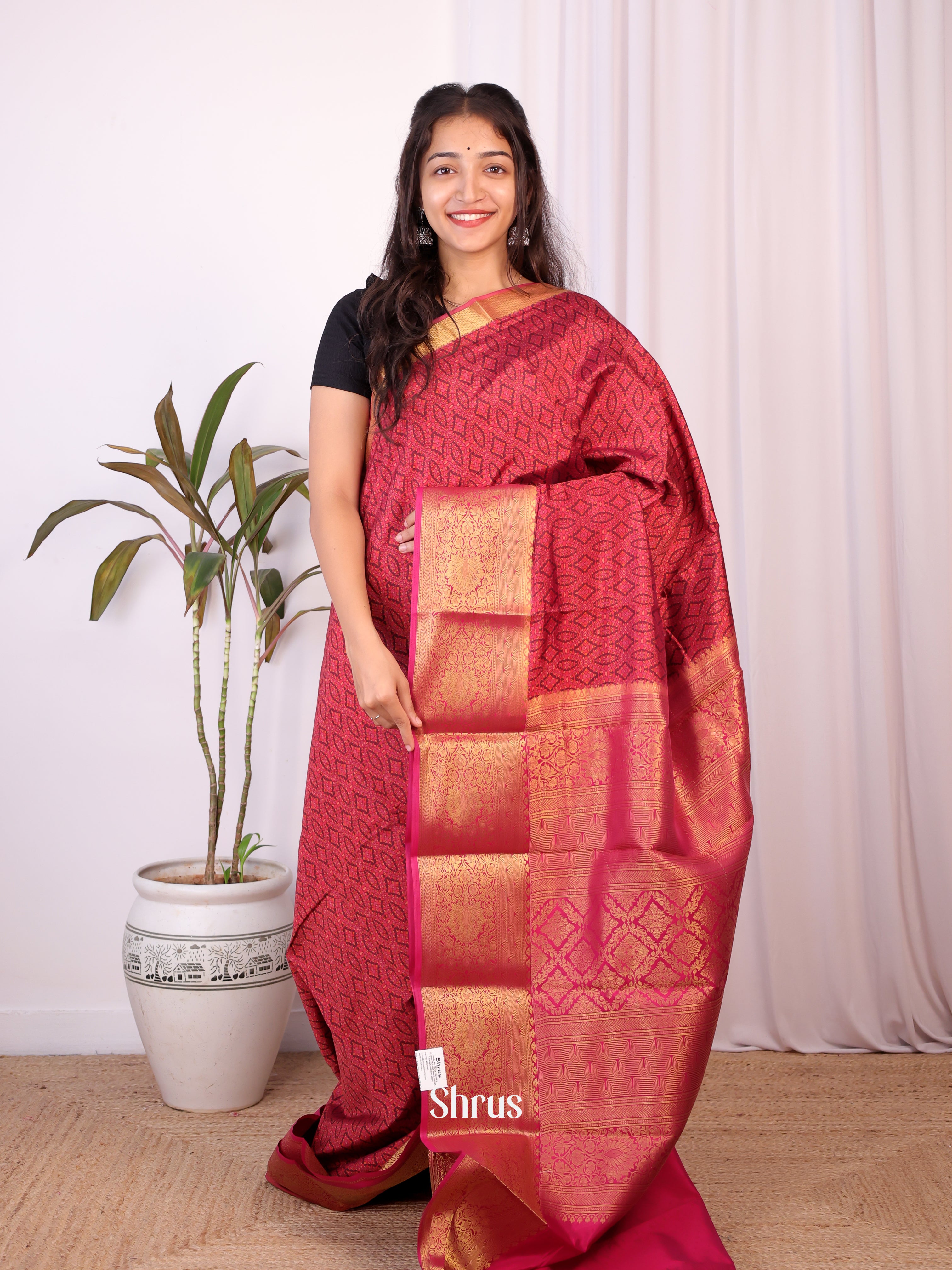 Maroon & Pink - Printed Silk Saree