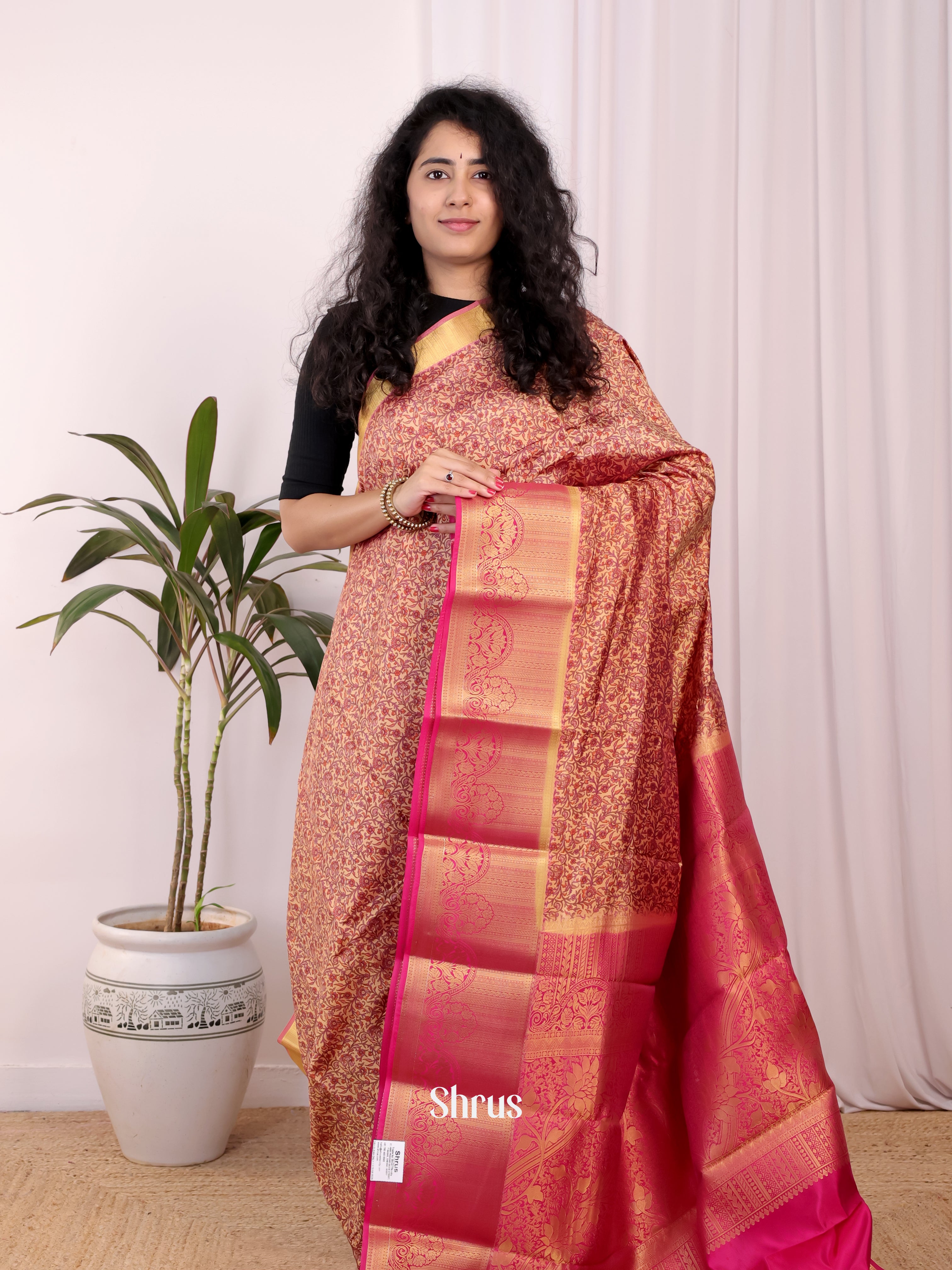 Peach & Maroon - Printed Silk Saree