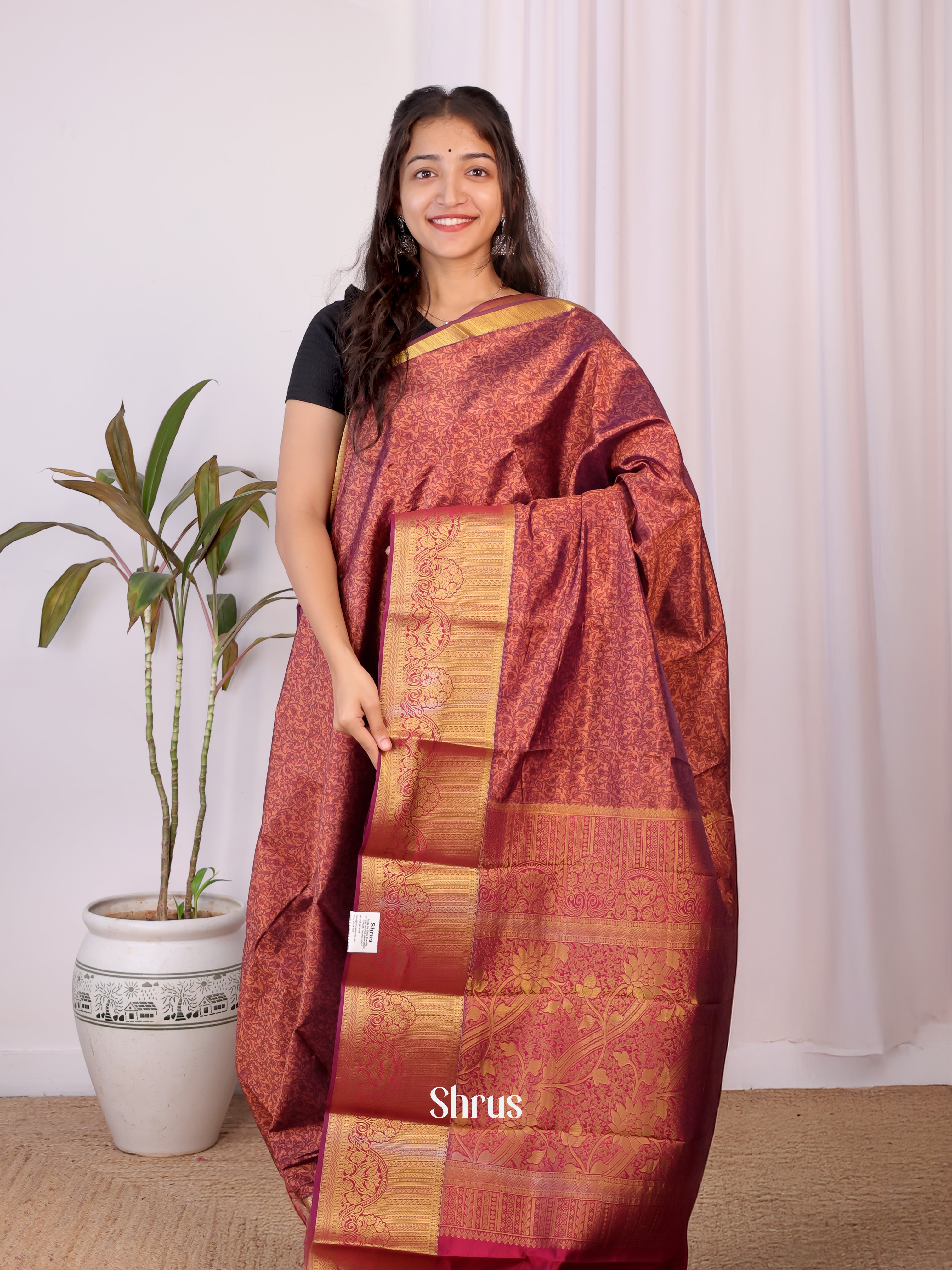 Brown & Maroon- Printed Silk Saree