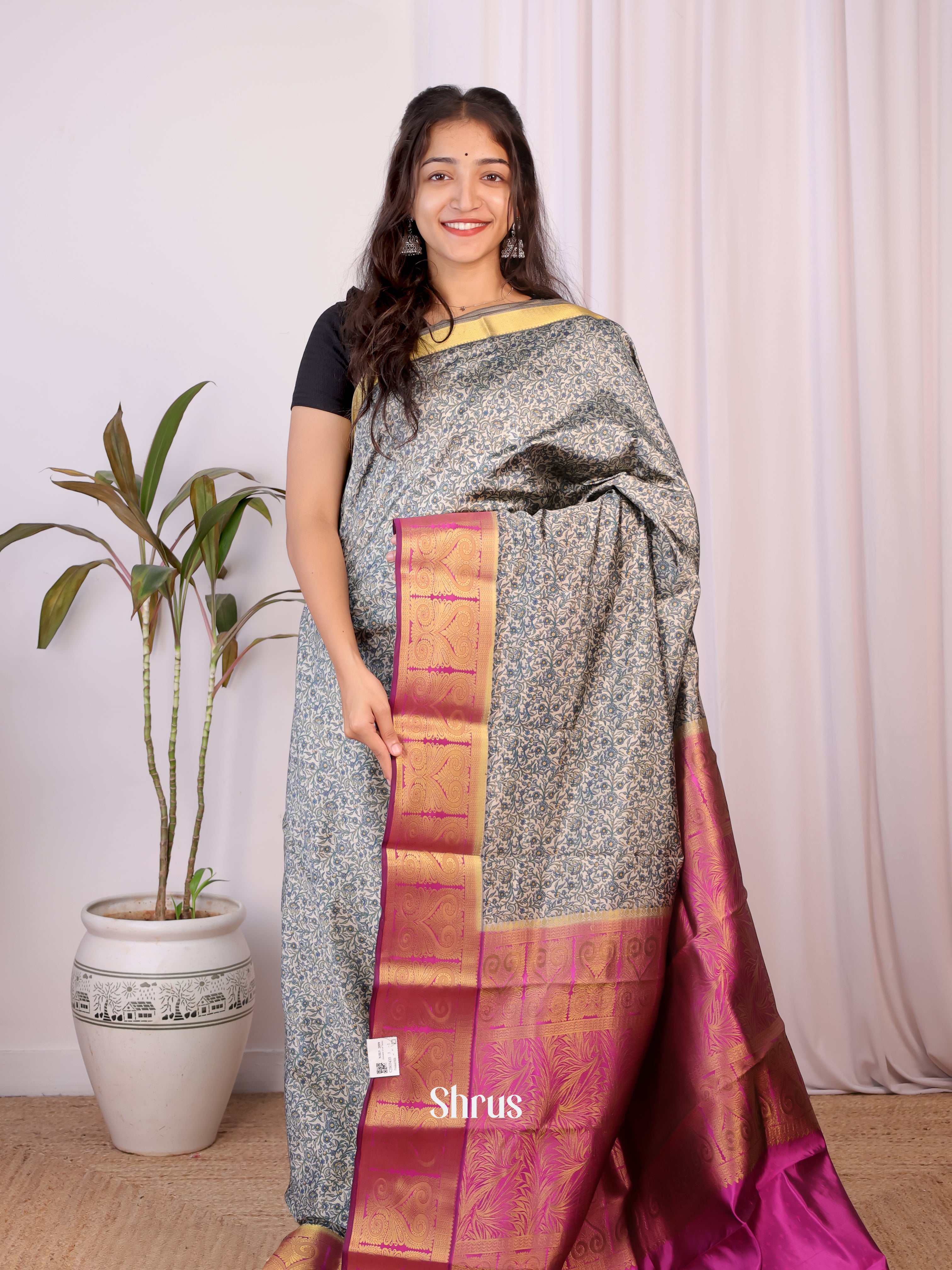 Grey & Purple - Printed Silk Saree