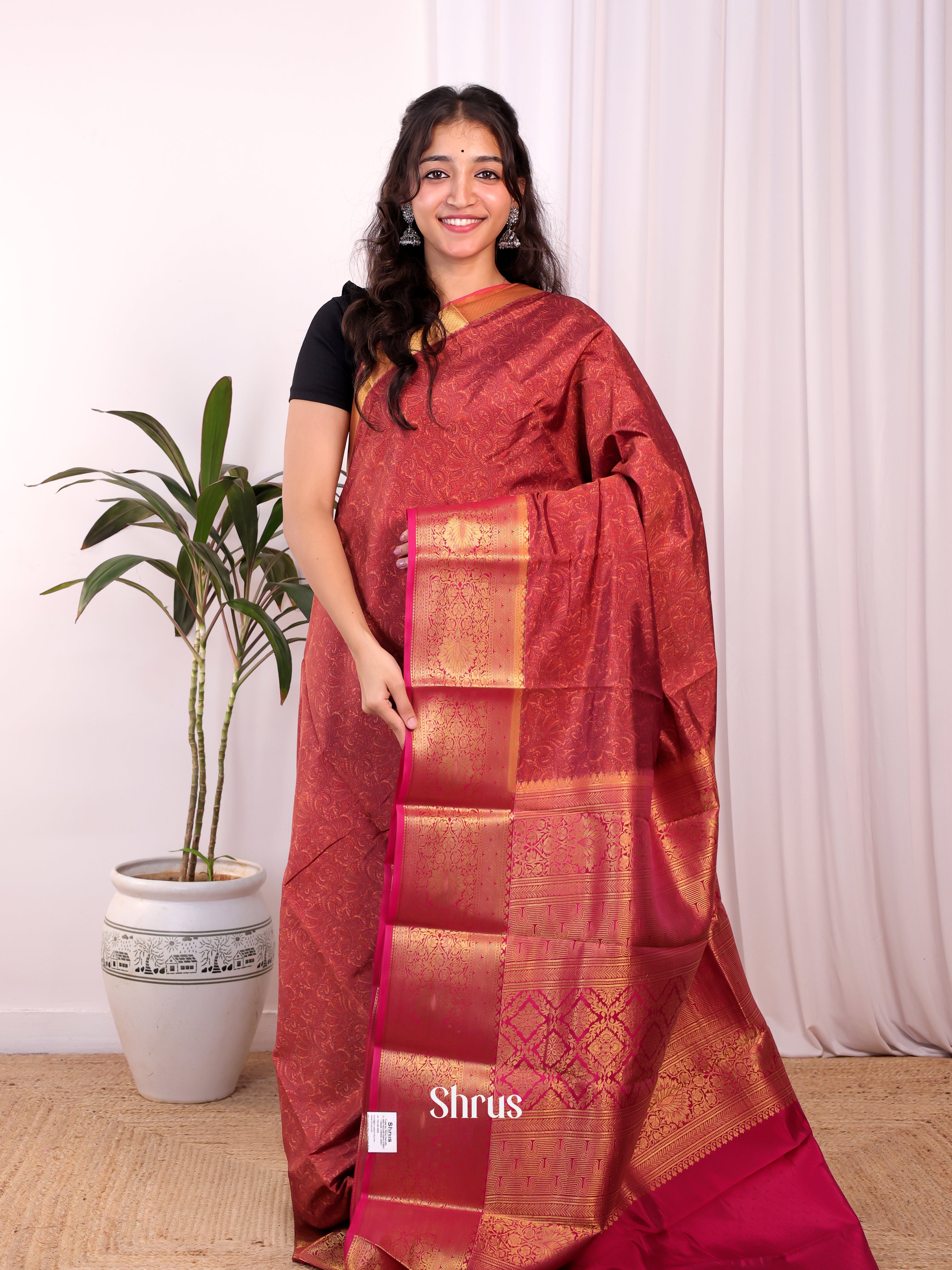 Brown & Maroon - Printed Silk Saree