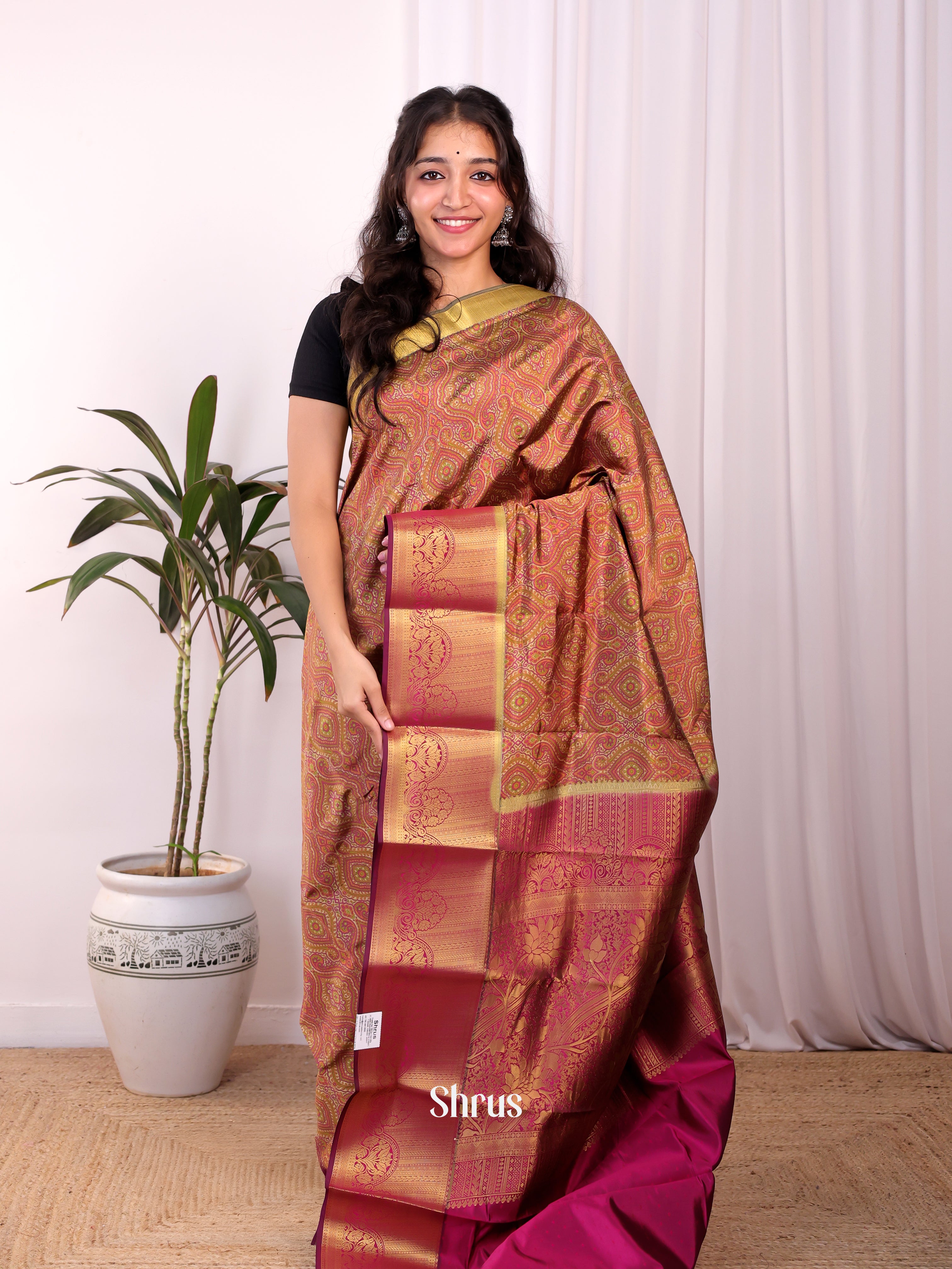 Green & Wine - Printed Silk Saree