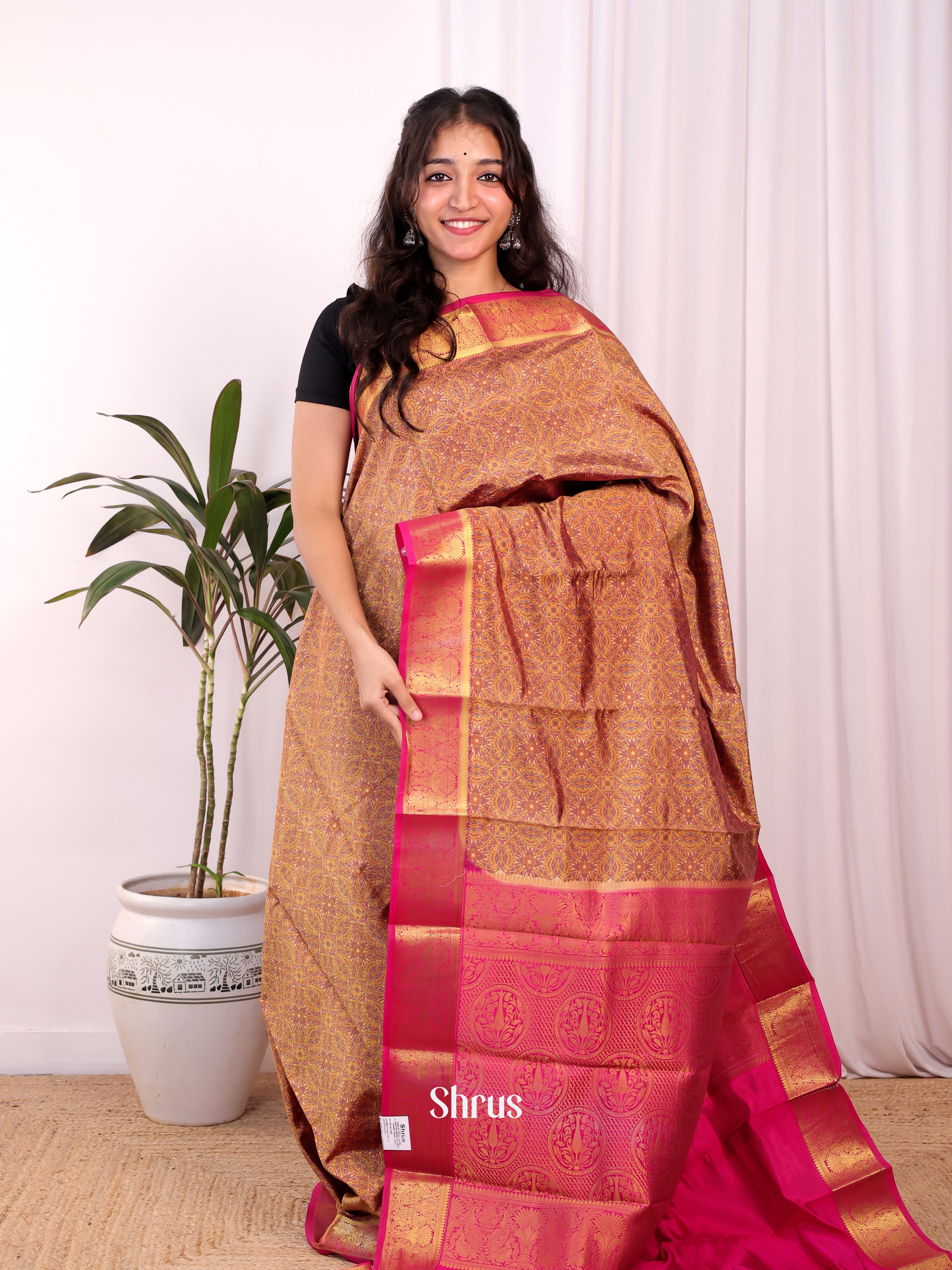 Dull Brown & Maroon - Printed Silk Saree