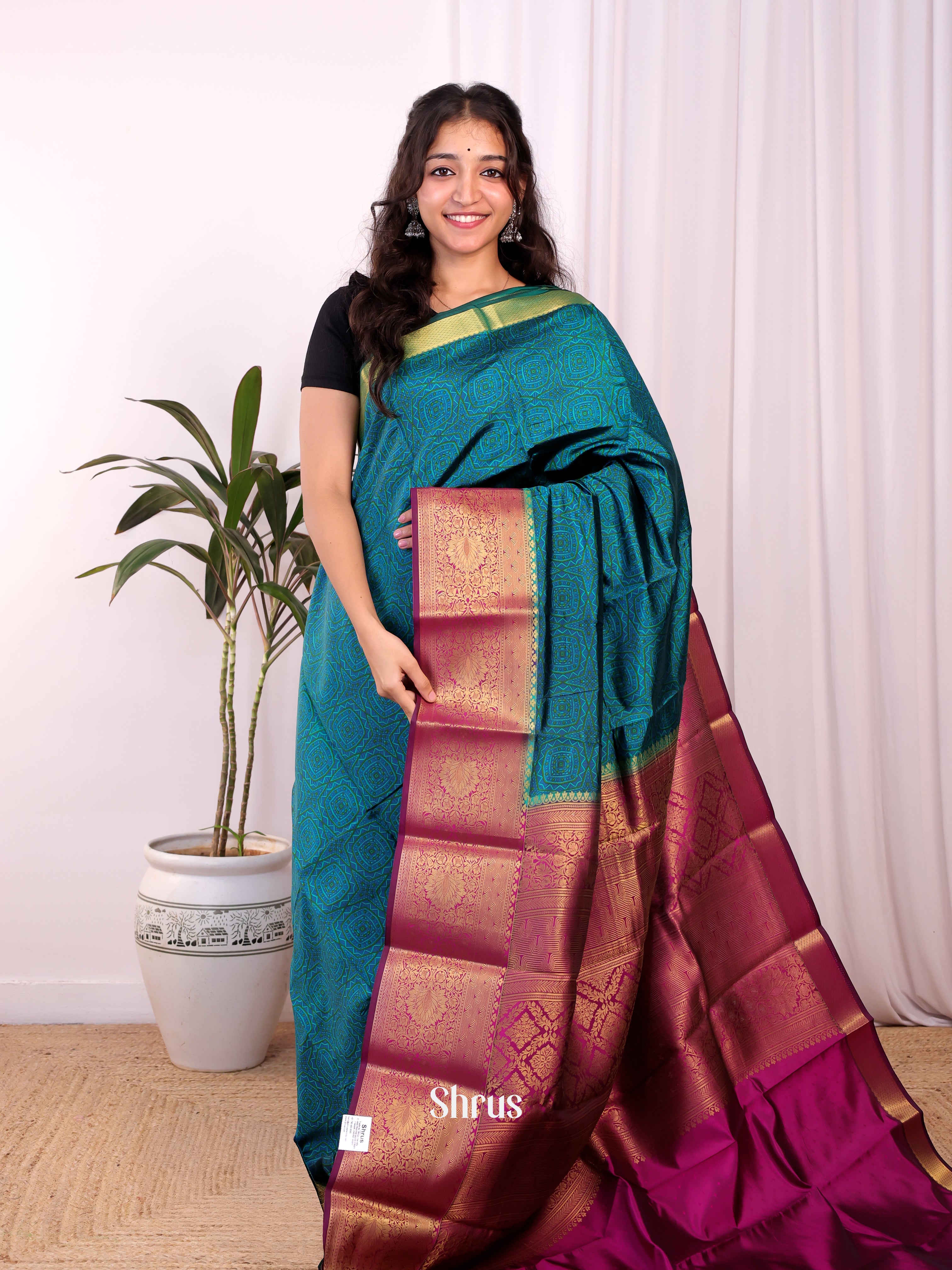 Blue & Wine - Printed Silk Saree