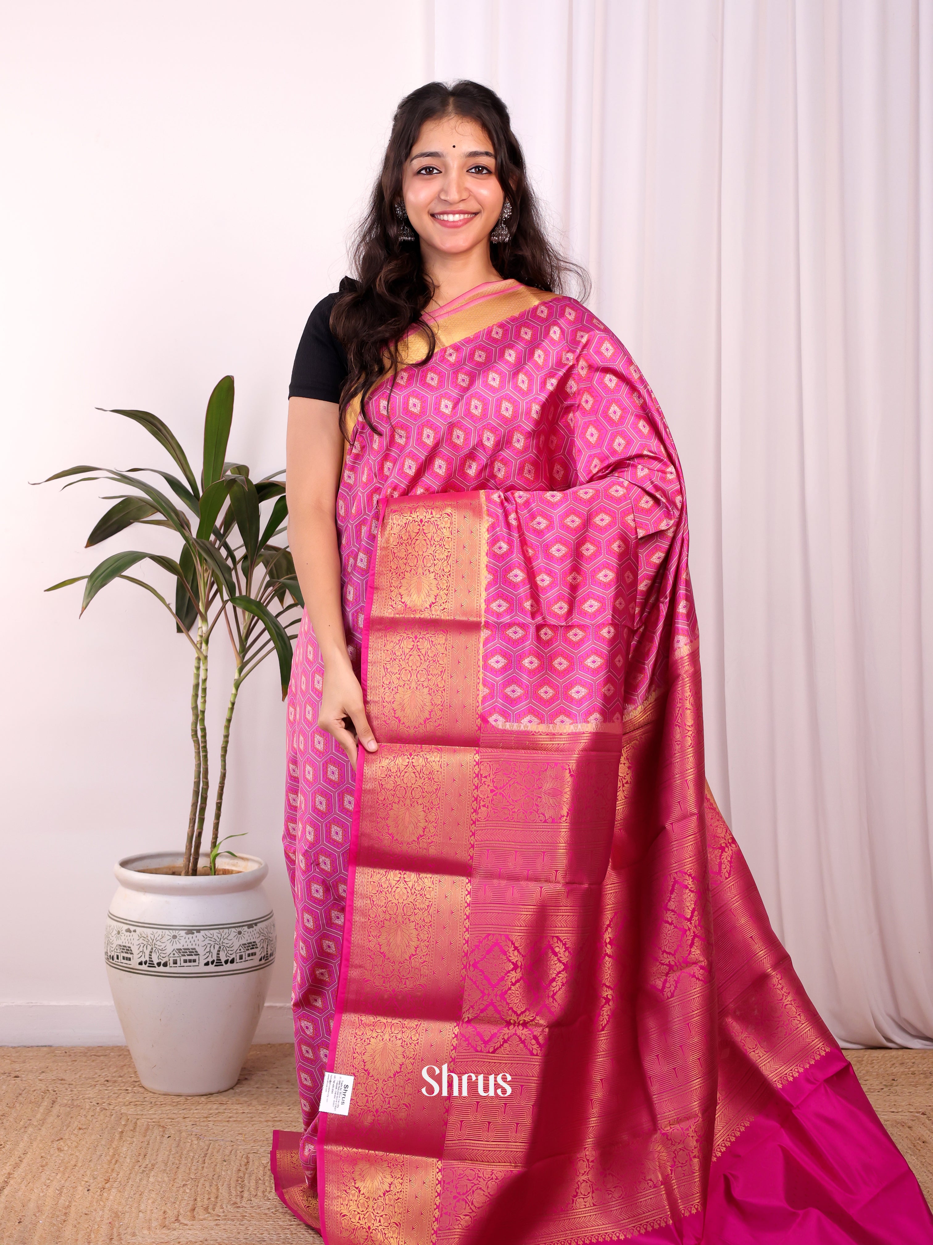 Pink - Printed Silk Saree