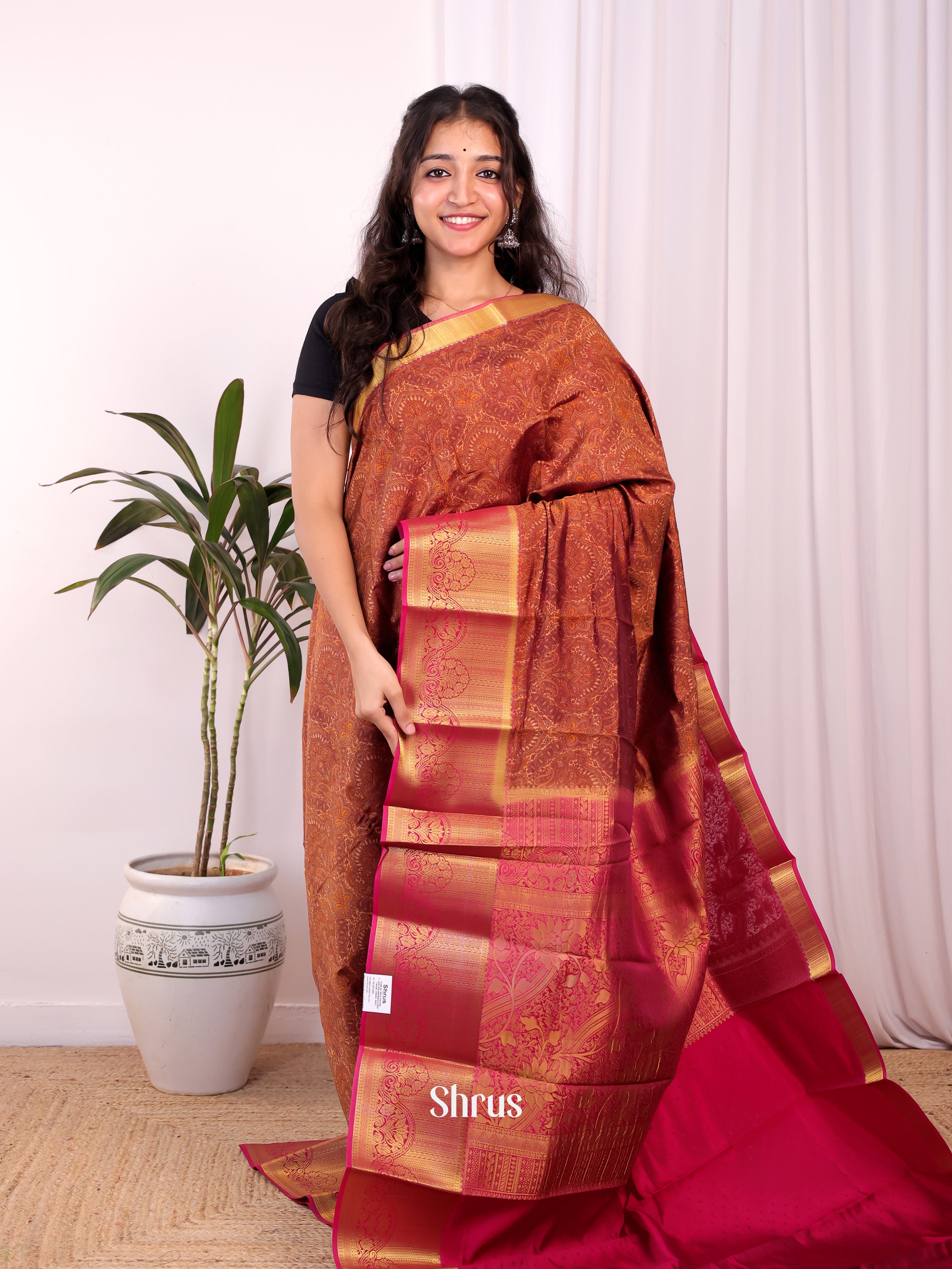 Brown & Maroon - Printed Silk Saree