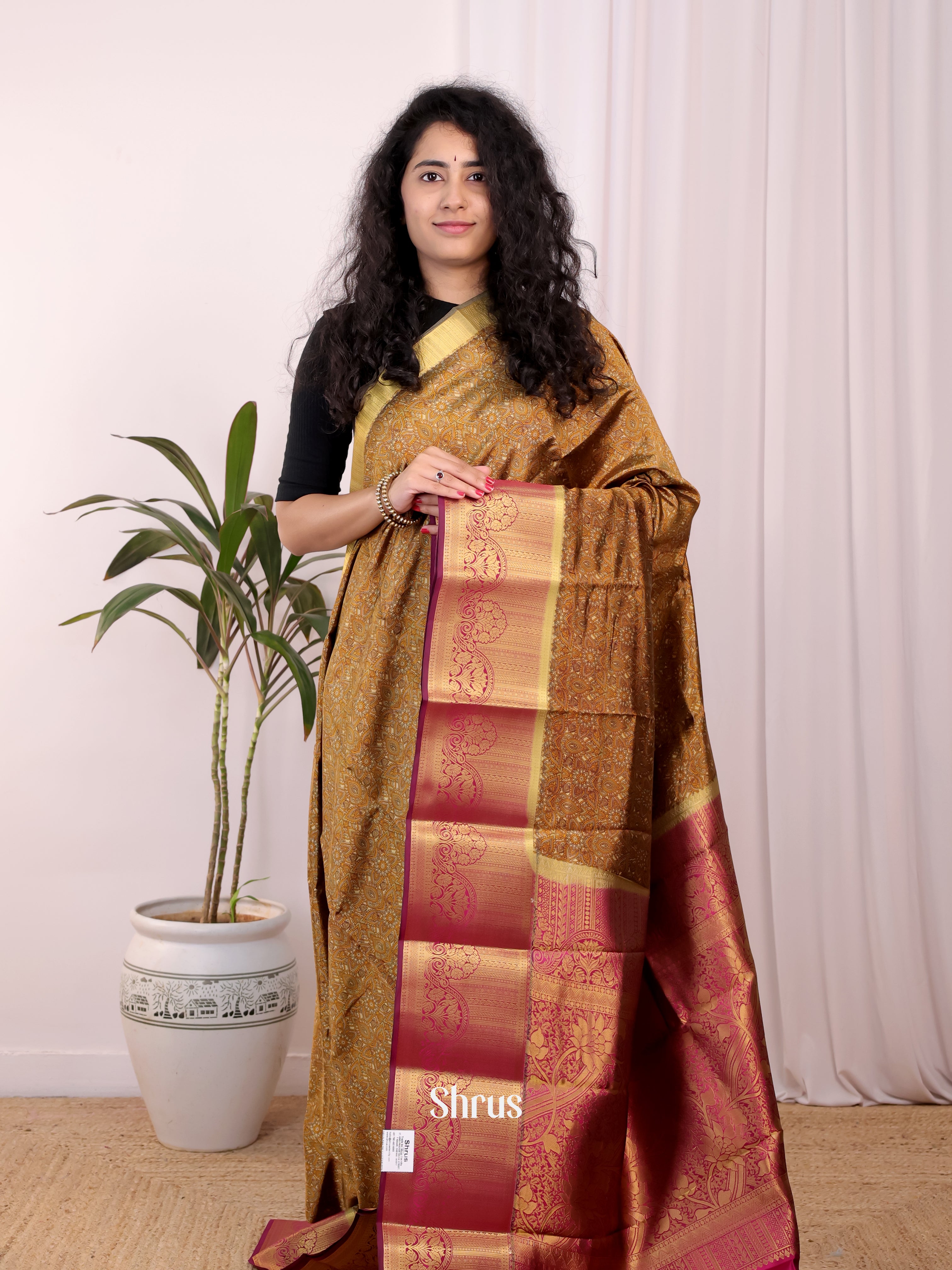 Green & Maroon- Printed Silk Saree