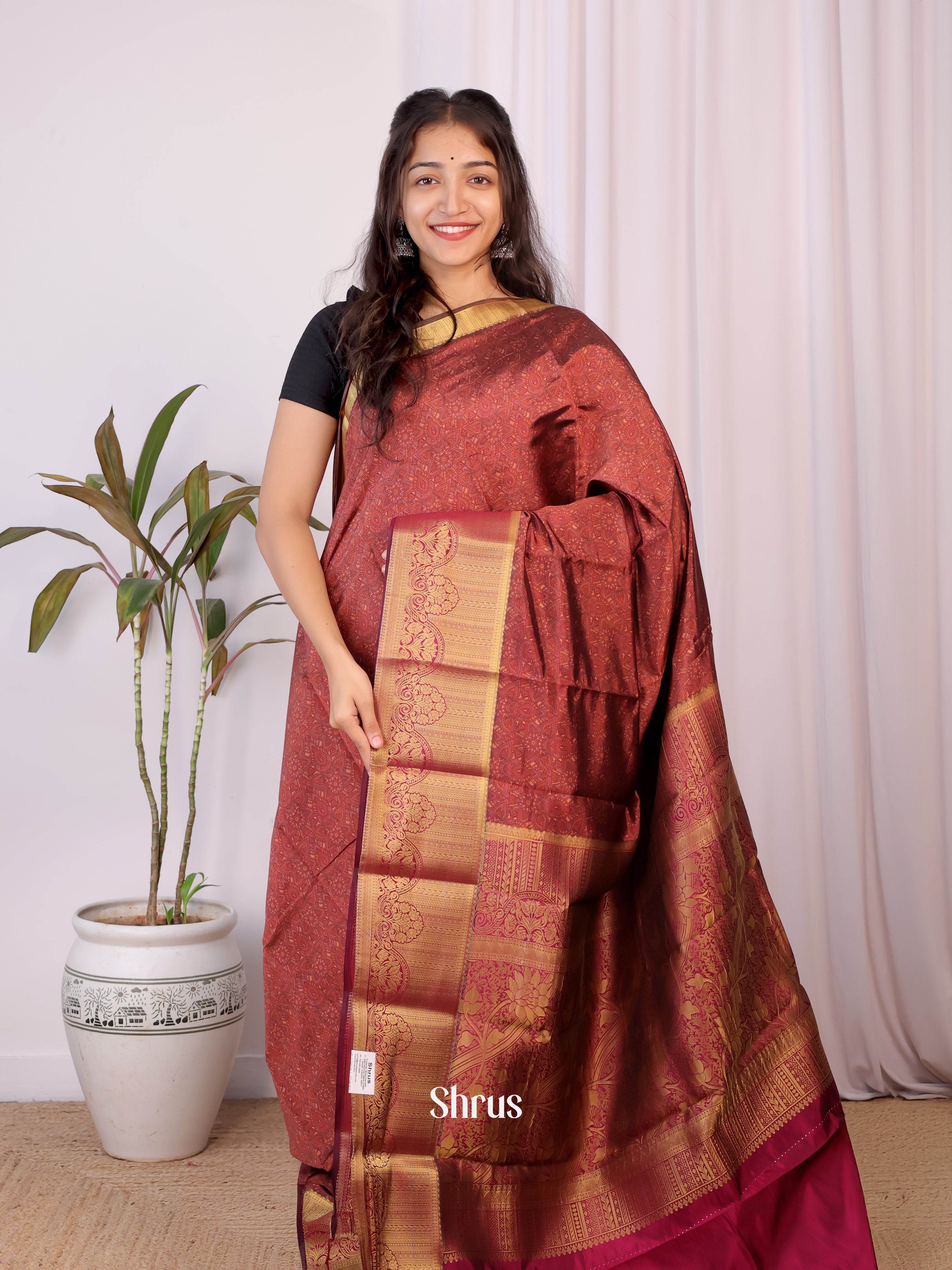 Brown & Maroon - Printed Silk Saree