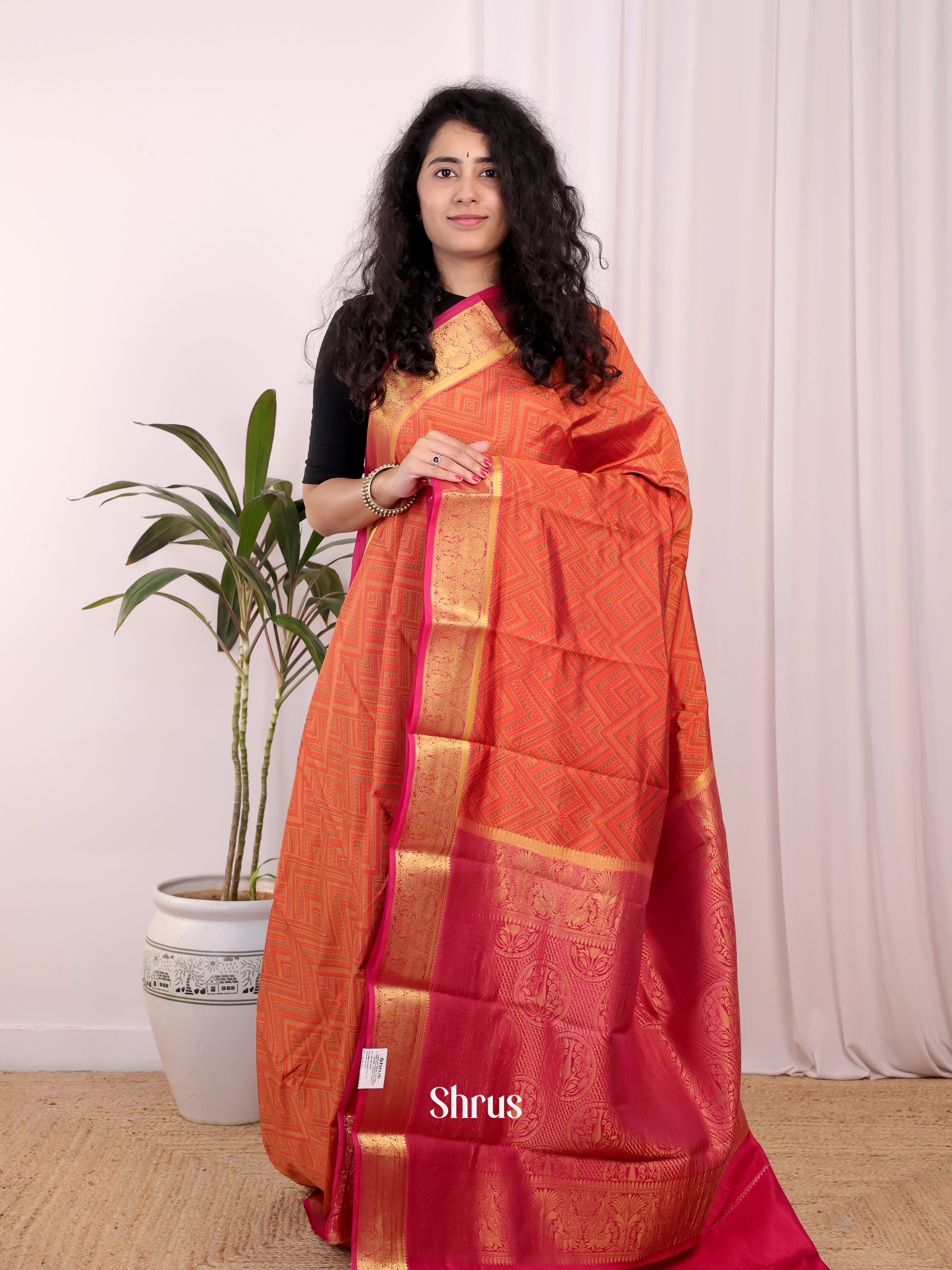 Orange & Maroon - Printed Silk Saree