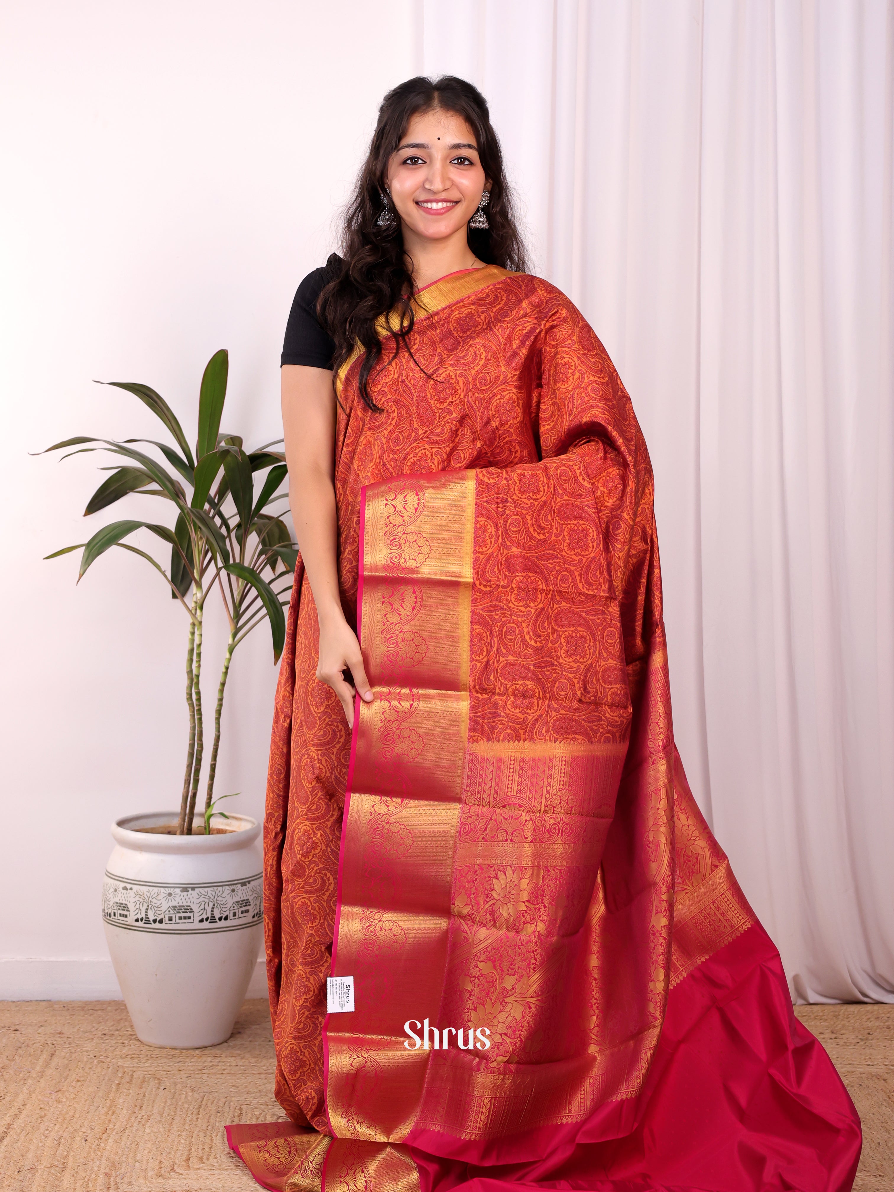 Brick & Maroon - Printed Silk Saree