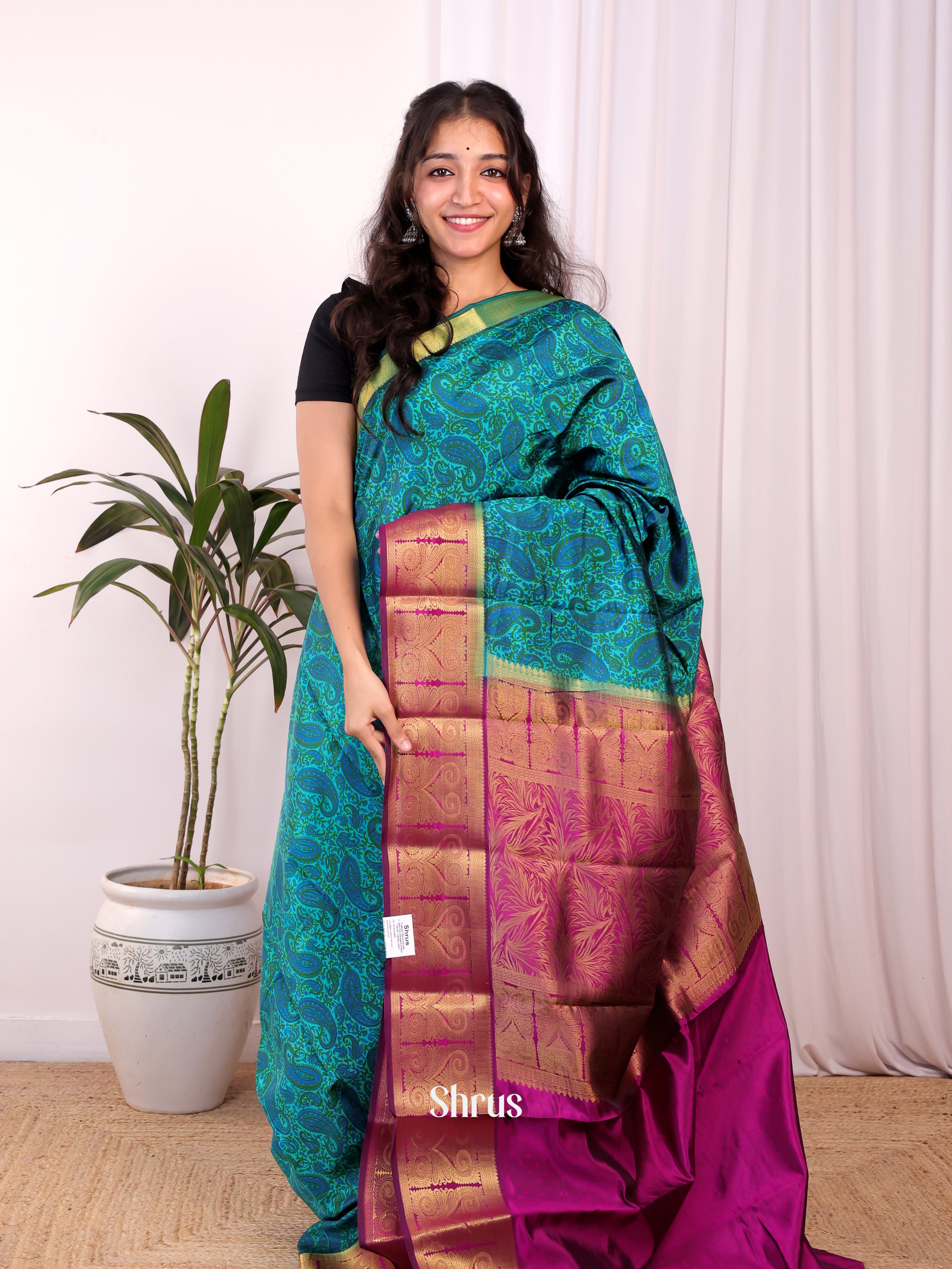 Blue & Majenta- Printed Silk Saree