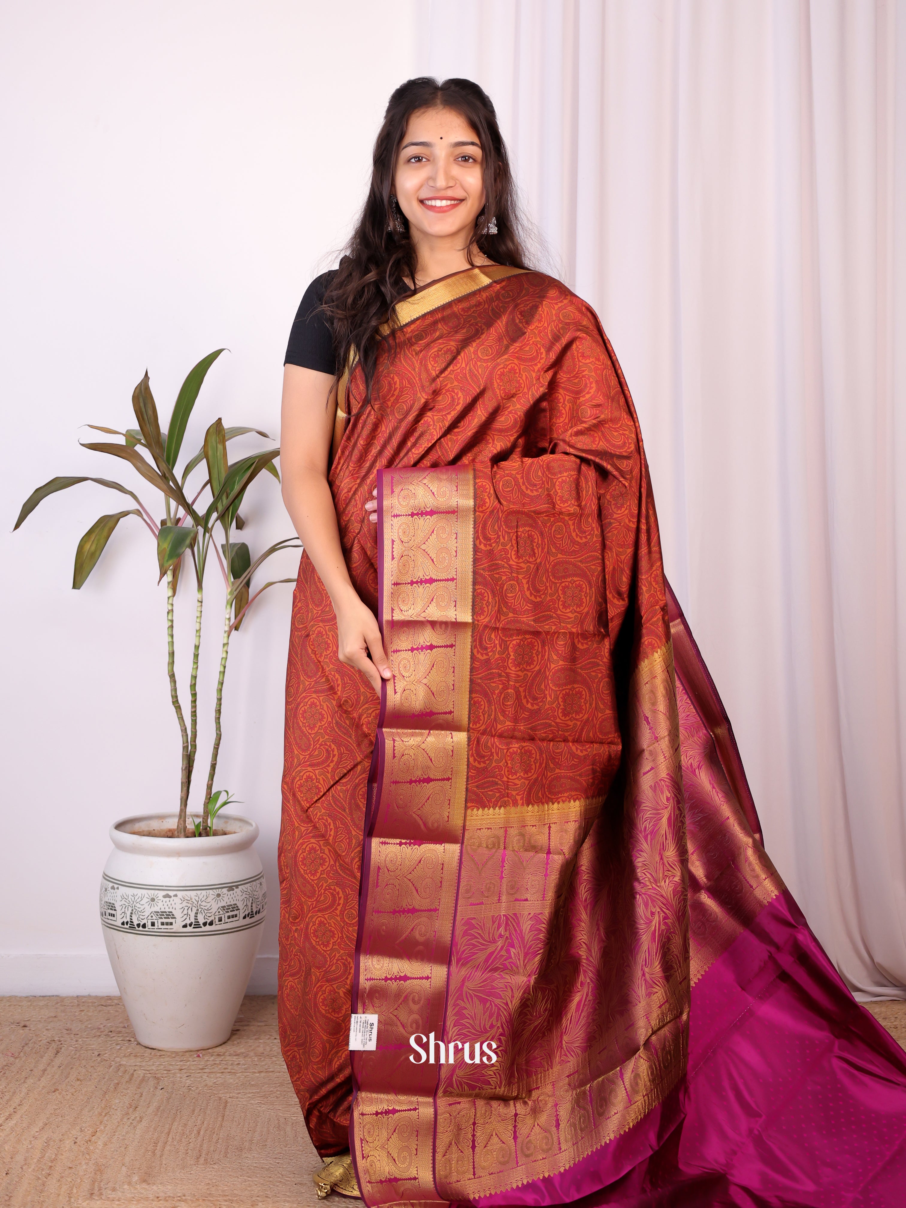 Brown & Majenta - Printed Silk Saree