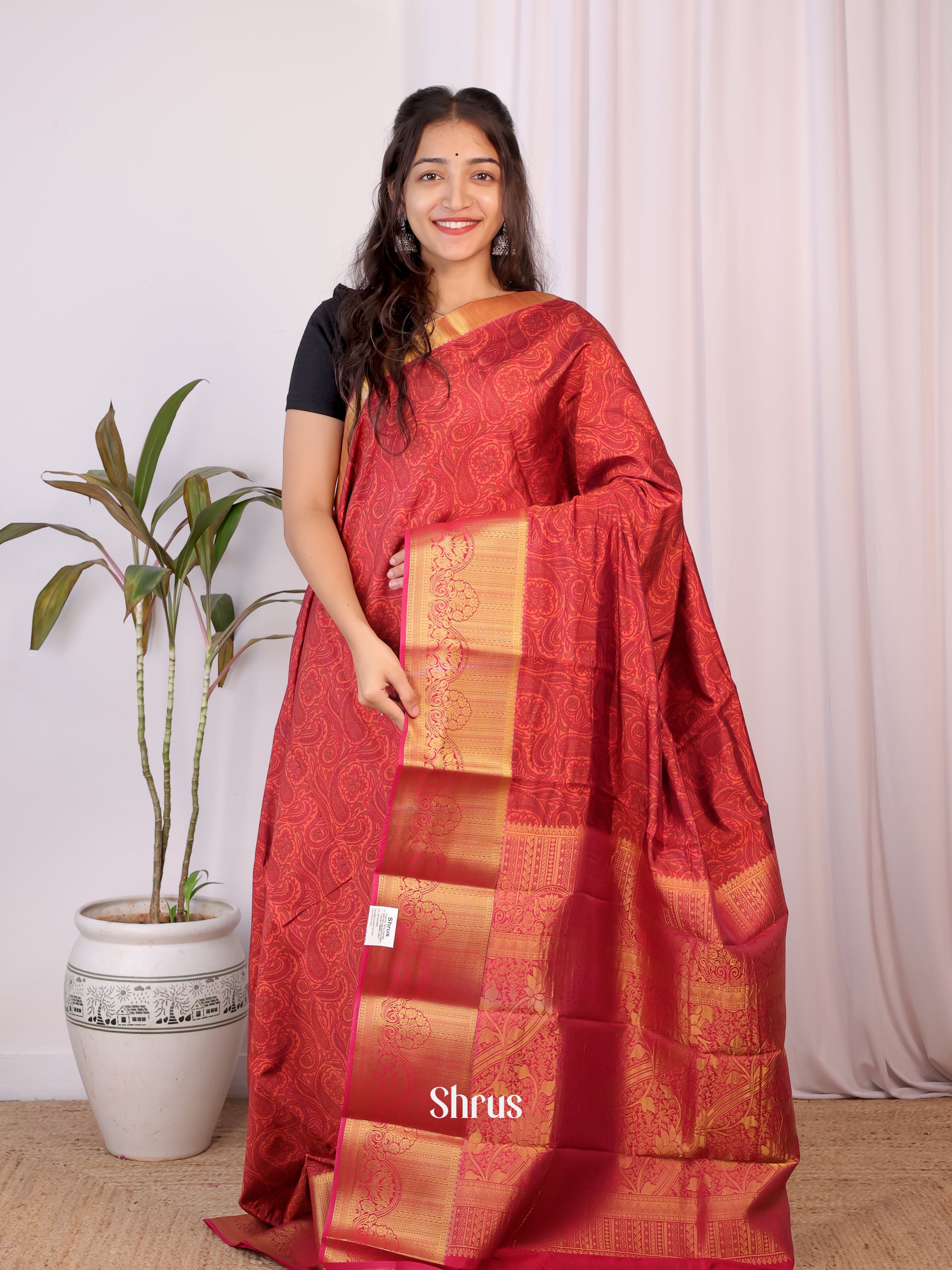 Maroon - Printed Silk Saree