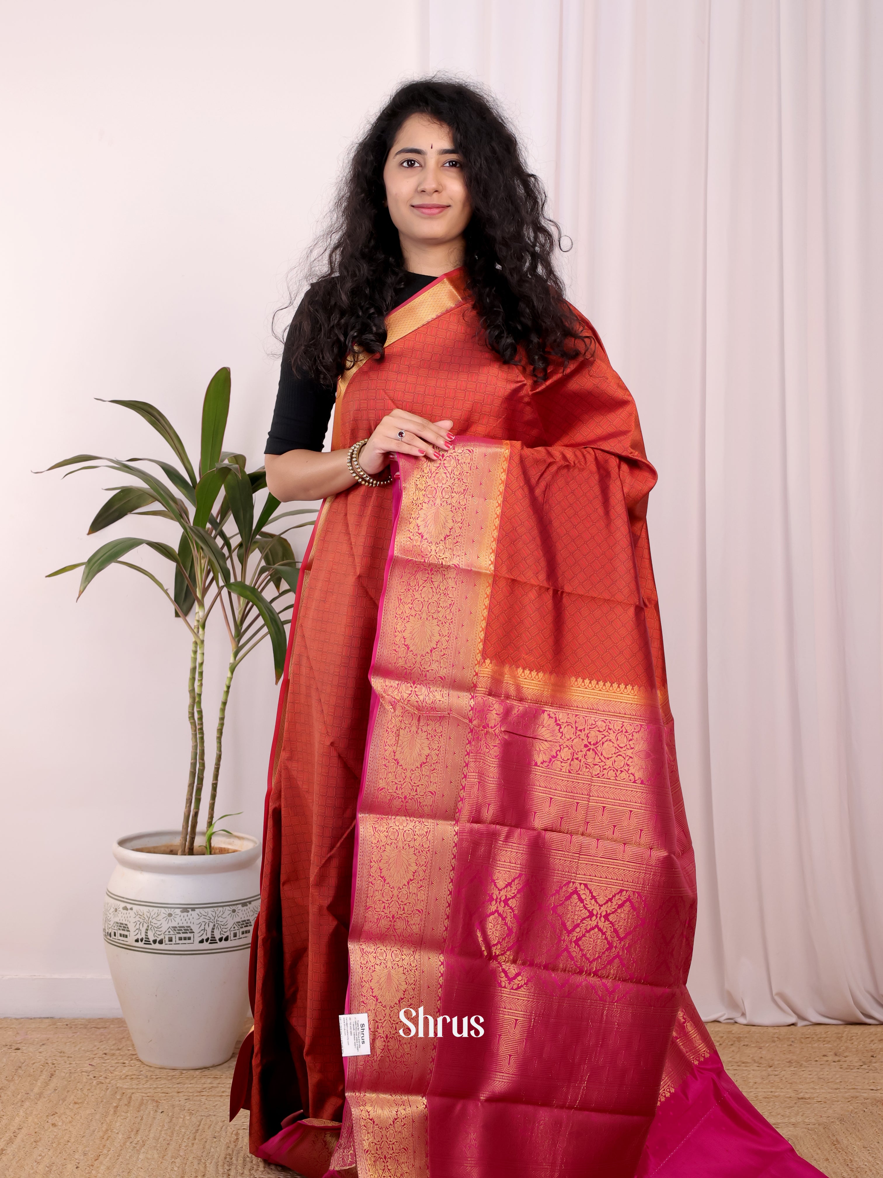 Brick & Pink - Printed Silk Saree