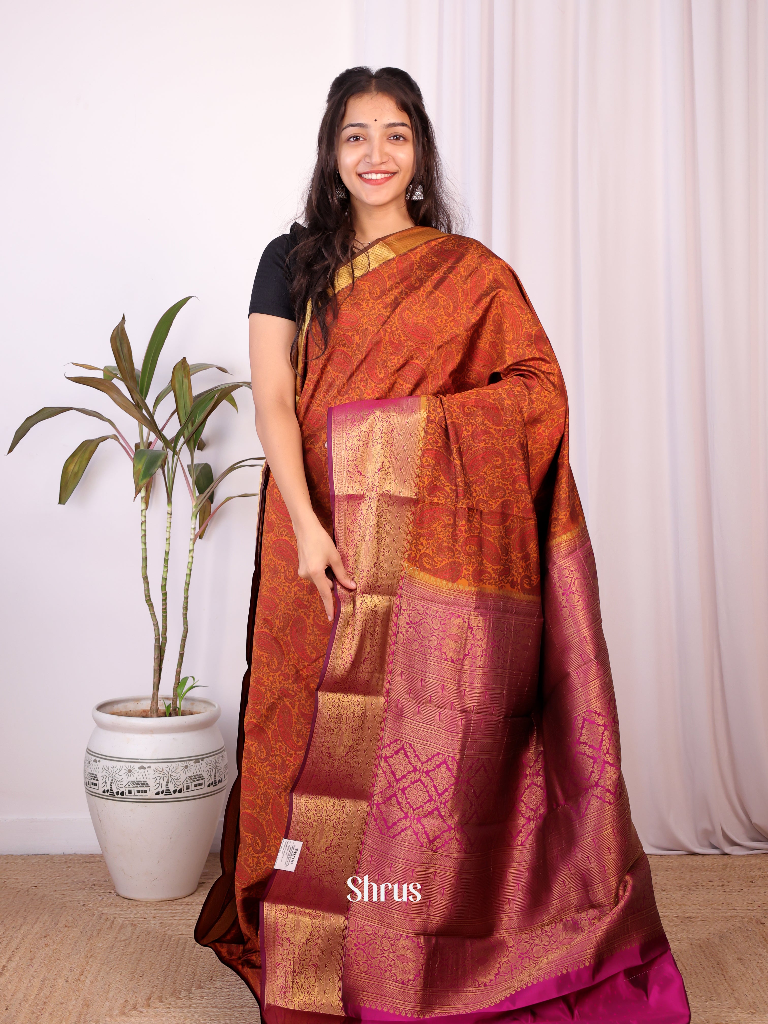 Brown & Purple - Printed Silk Saree