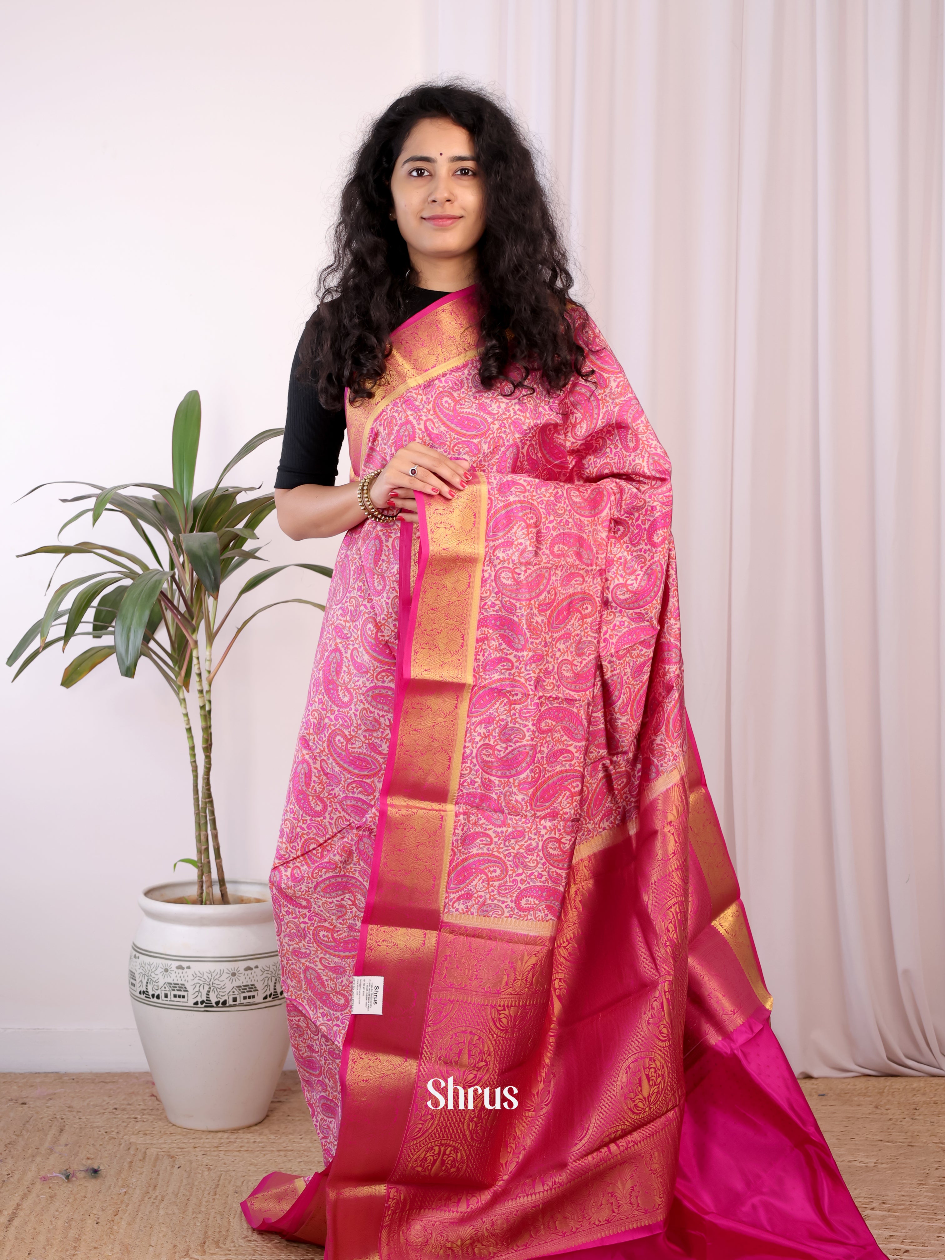 Pink - Printed Silk Saree