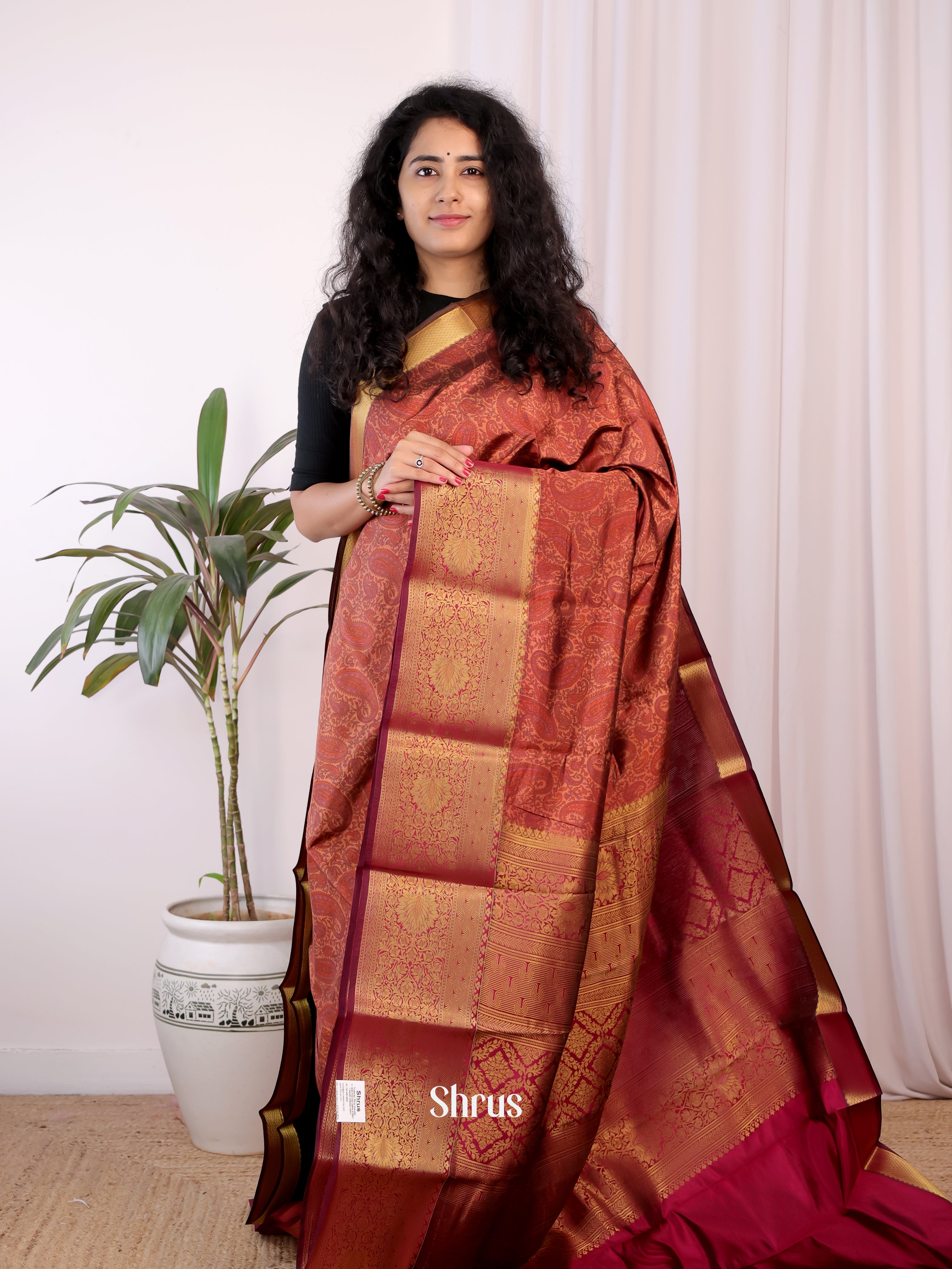 Brown & Maroon - Printed Silk Saree