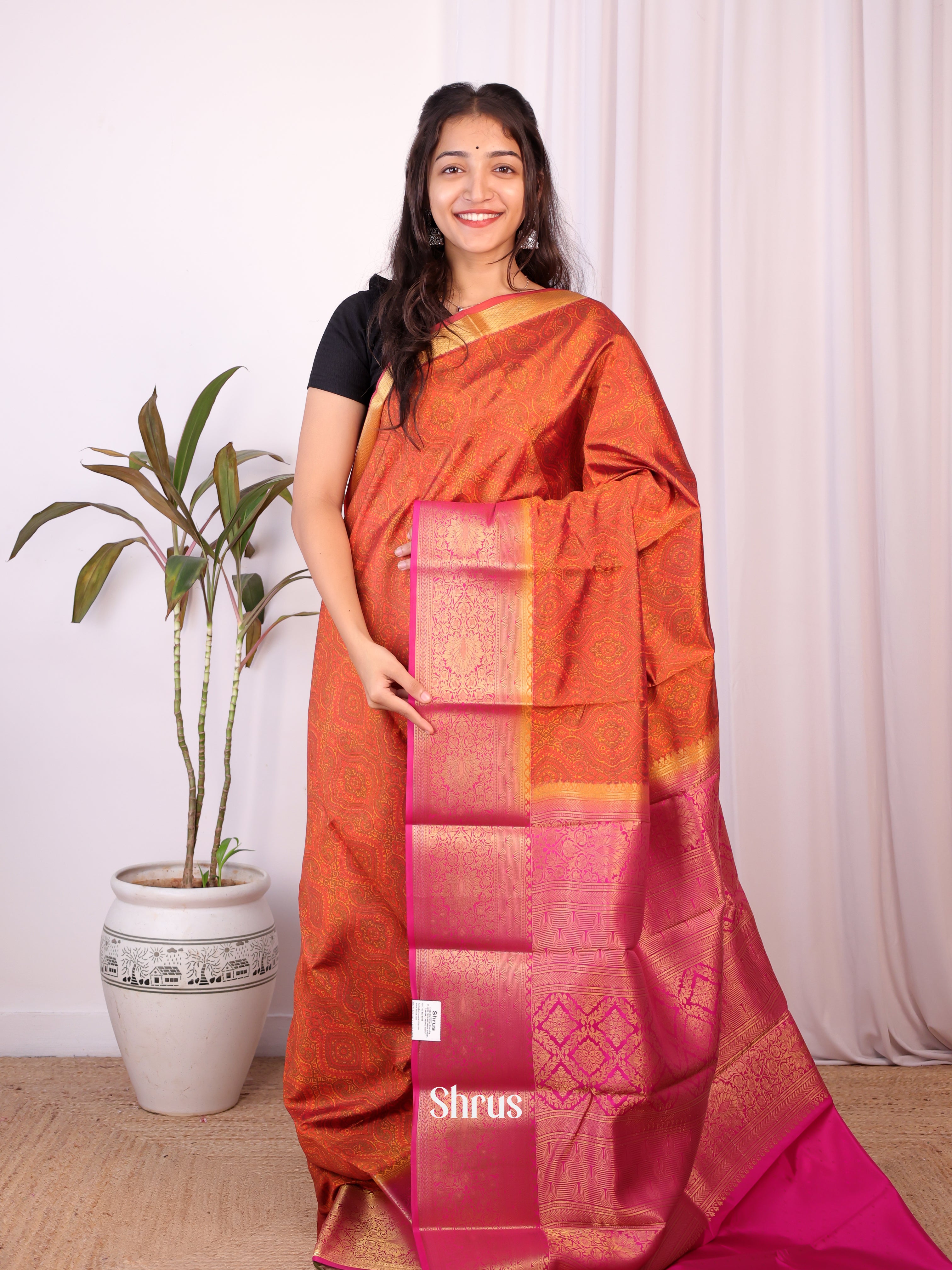 Rust & Majenta - Printed Silk Saree