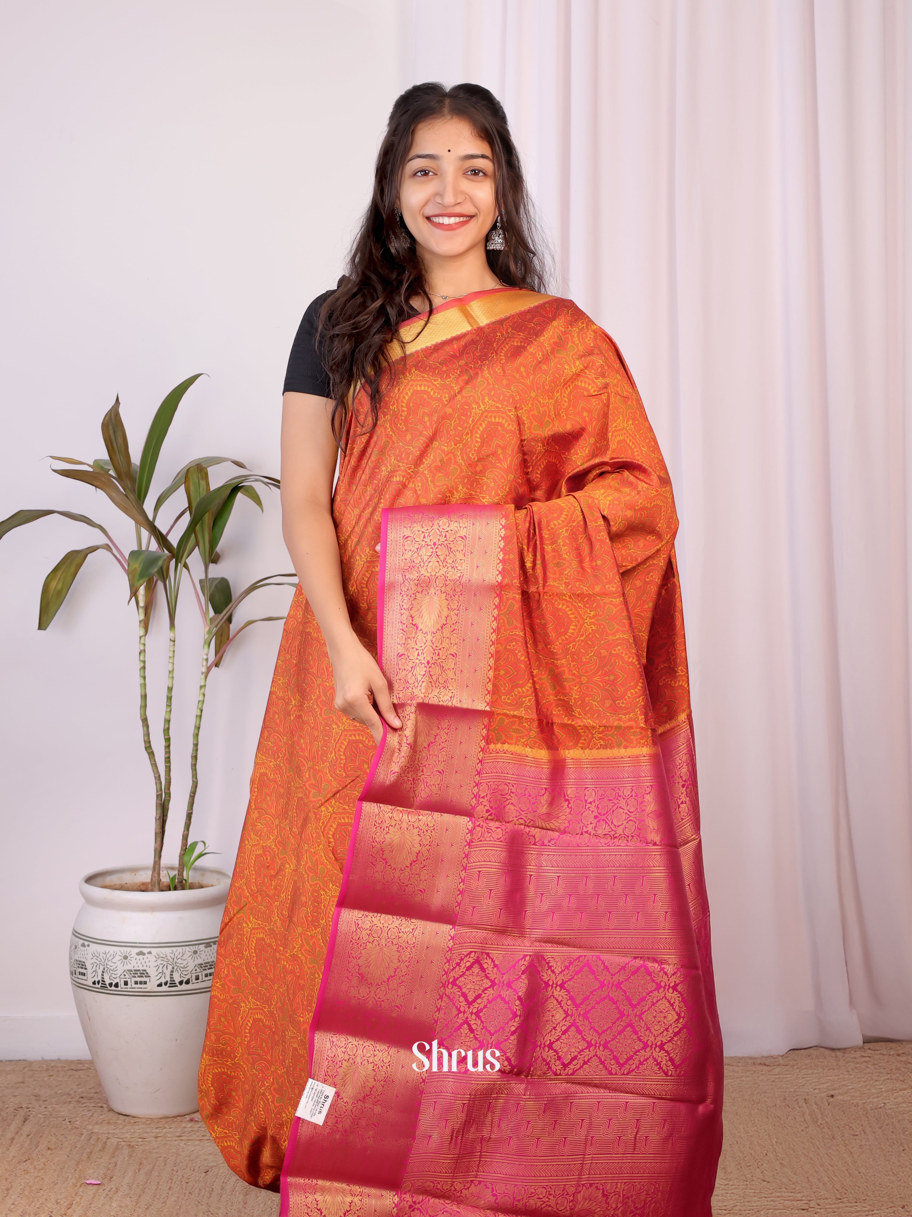 Brick & Pink - Printed Silk Saree