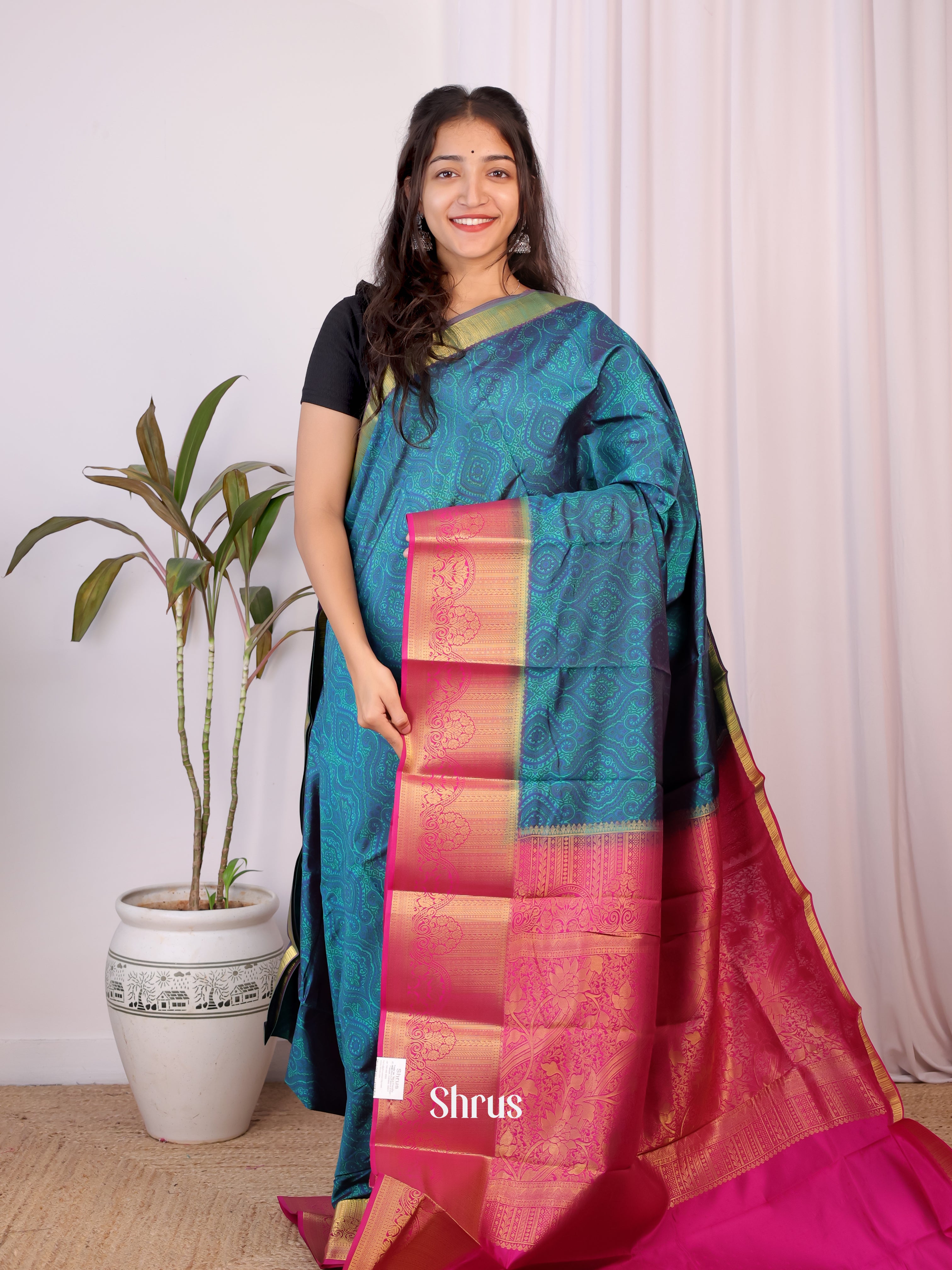 Blue & Pink - Printed Silk Saree