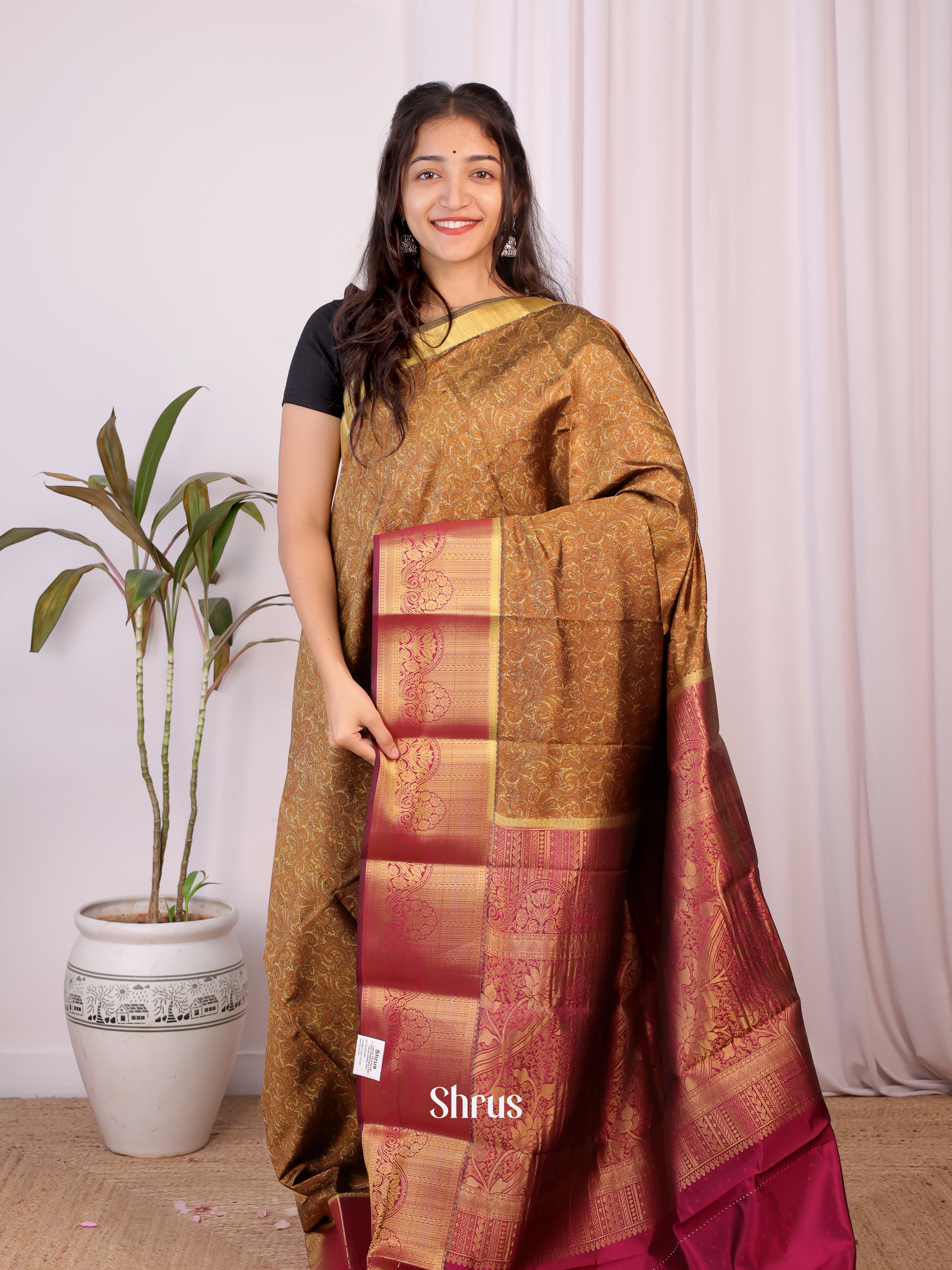 Brown & Maroon - Printed Silk Saree