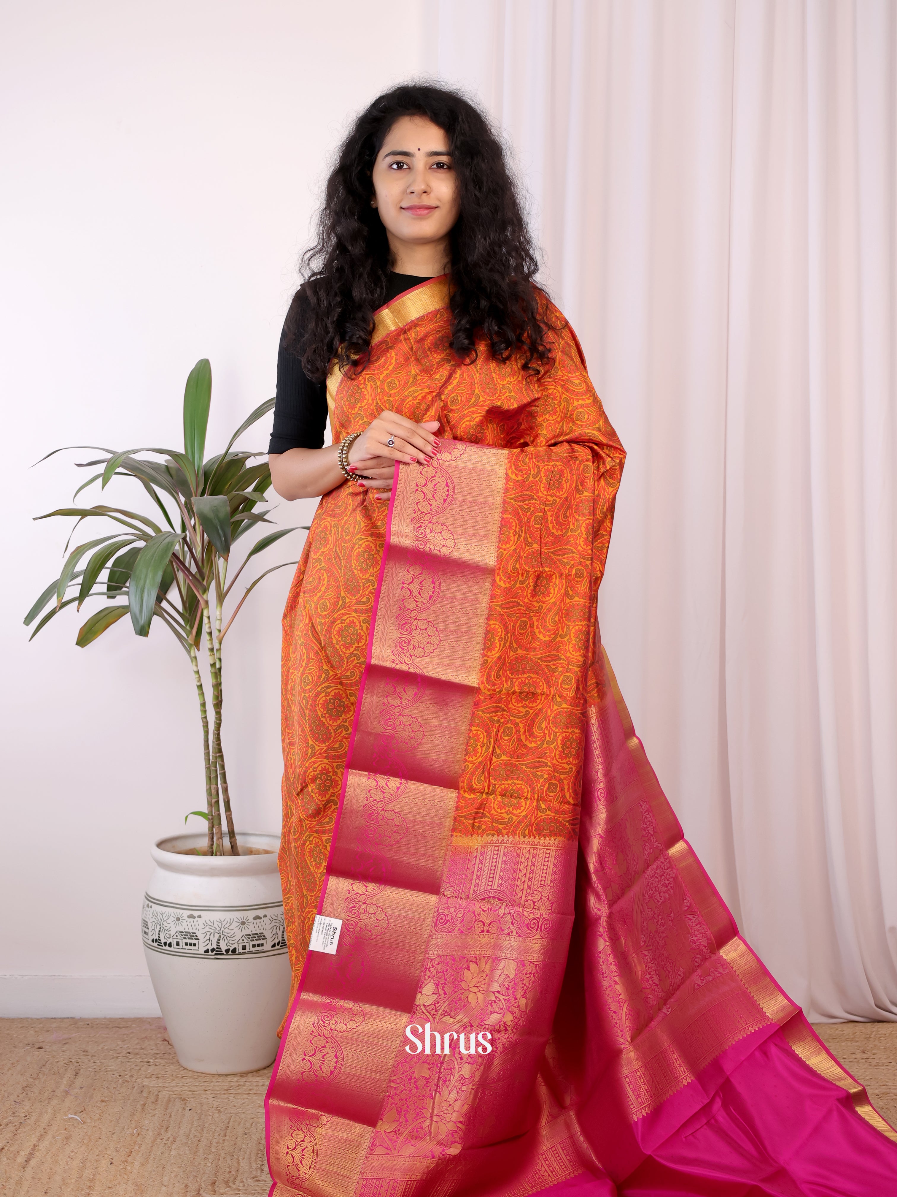 Orange & Majenta - Printed Silk Saree